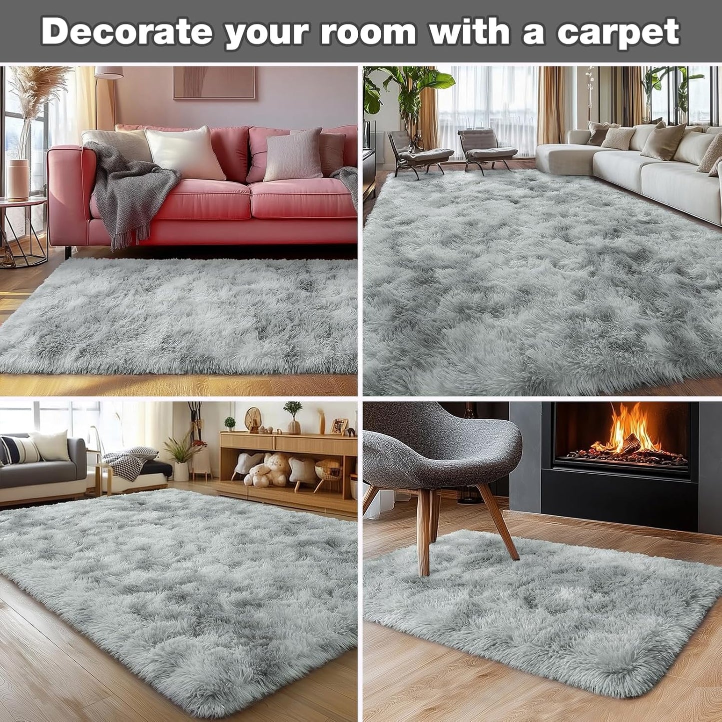 Rezutan Area Rugs 8x10 Living Room, Large Fluffy Rugs for Bedroom, Soft Carpet Shag Kids Room Rug,Fuzzy Rugs Indoor W/Non-Slip Bottom (Grey Tie-Dyed)