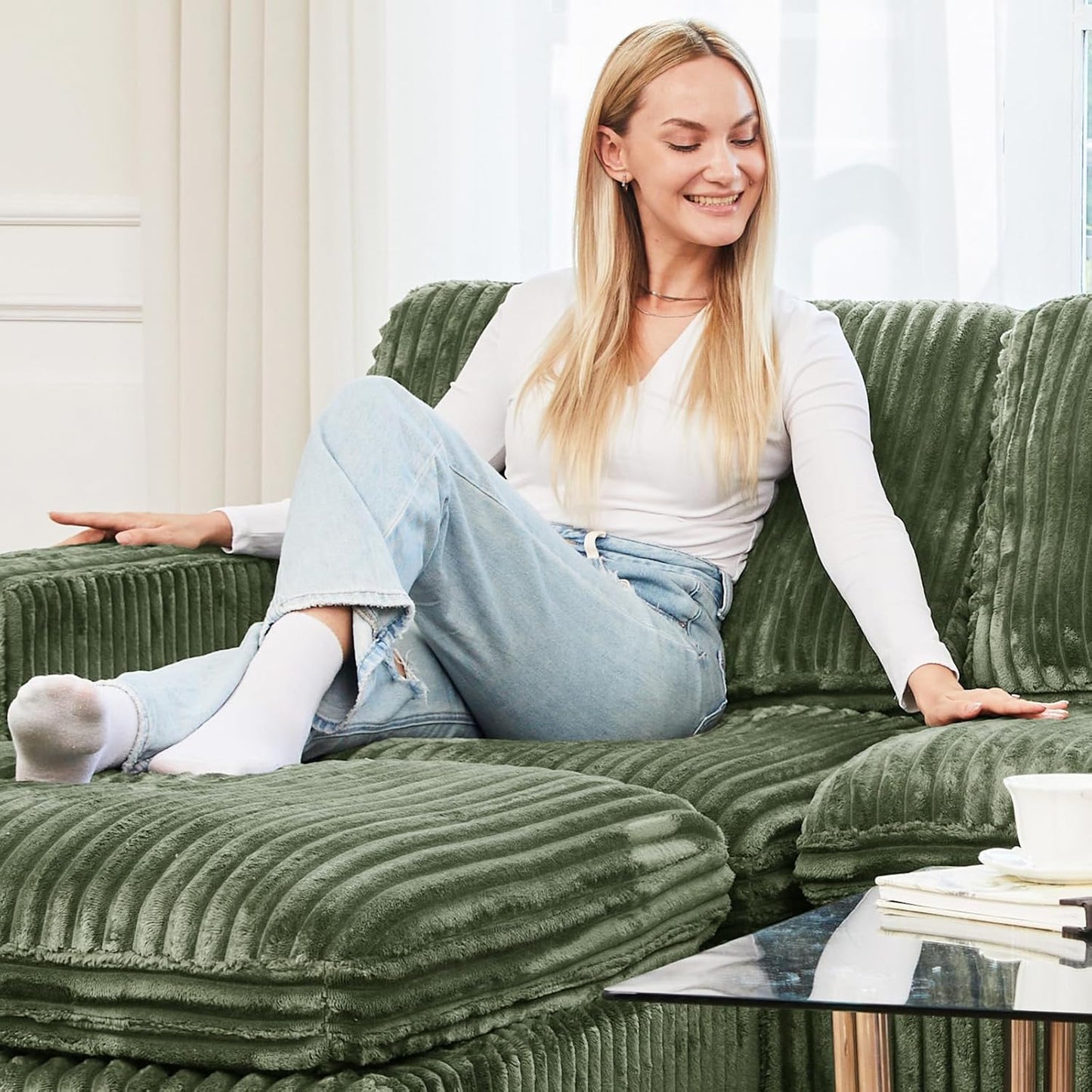 Belffin Modular Sectional Sofa with Storage Ottoman, Oversized Cloud Couch Sectional with Extra Deep Seat, Convertible Upholstered U Shaped Sectional Couches for Living Room, Plush Corduroy Green