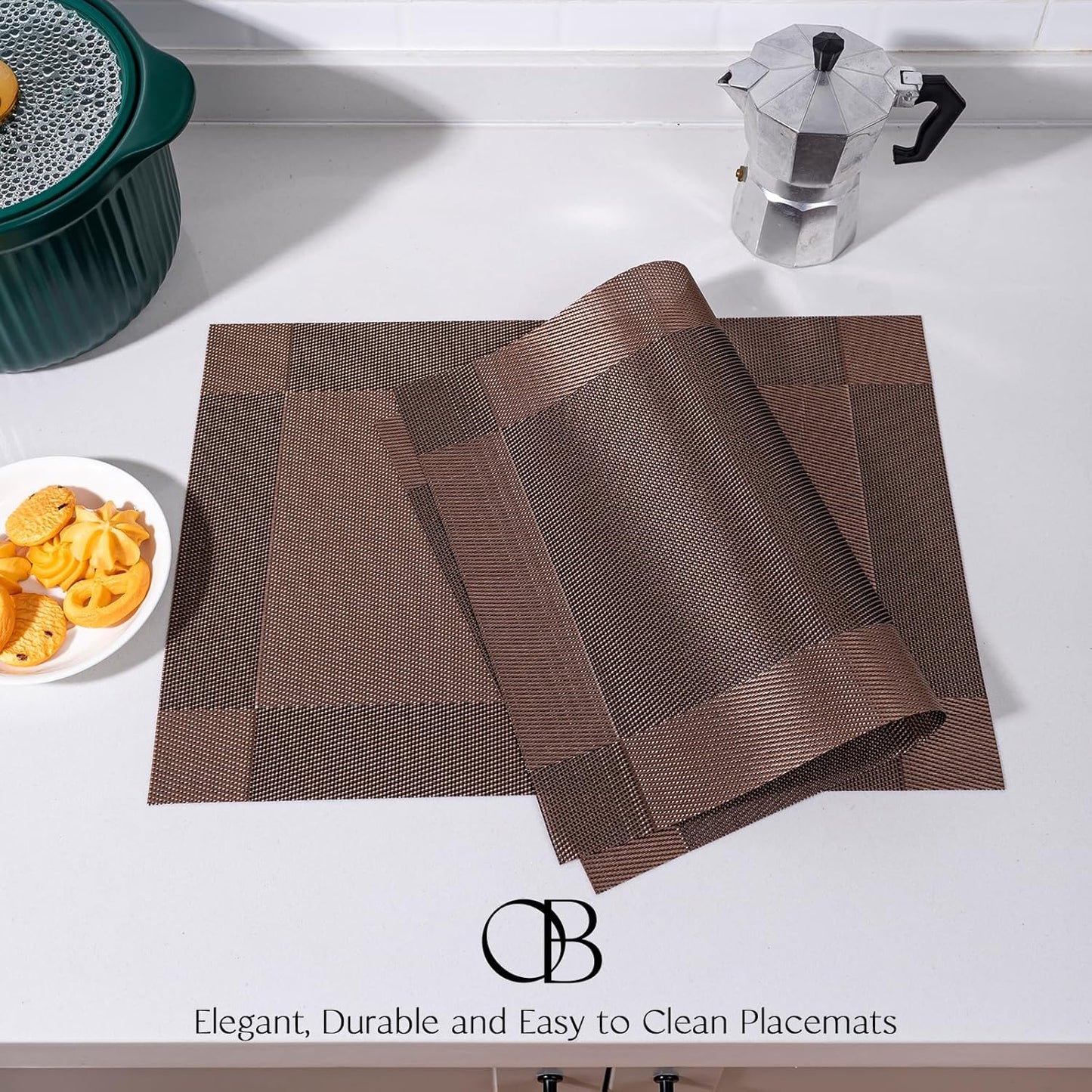 Placemats Set of 4 - Easy Clean Woven Vinyl Placemats for Dining Table, Indoor/Outdoor Place Mats, Washable PVC Table Mats（Brown Cube）
