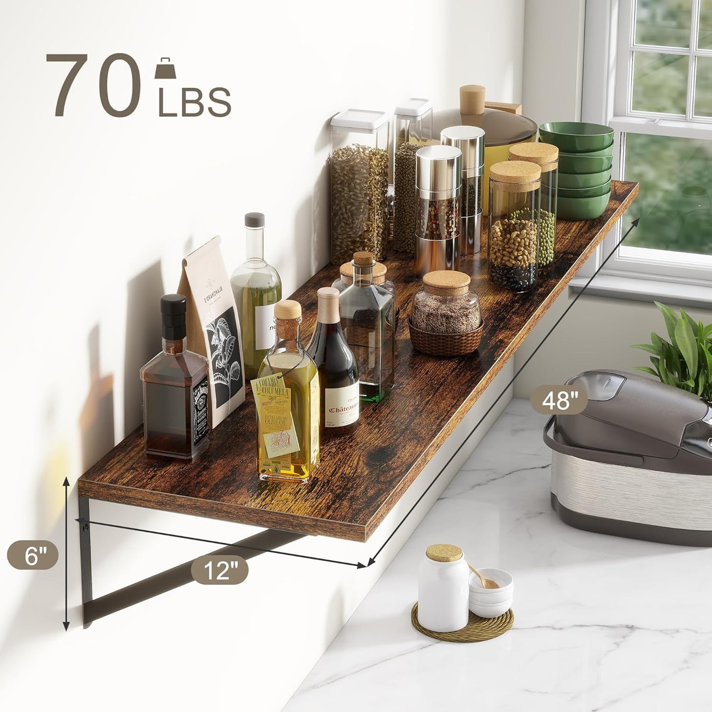 12 Inch Deep Floating Shelves,48W x 12D Floating Shelves, Deep Wall Shelves Bracket Set of 2, Large Display Floating Shelf for Bathroom, Living Room, Wide Storage Wooden Wall Shelf, Rustic Brown