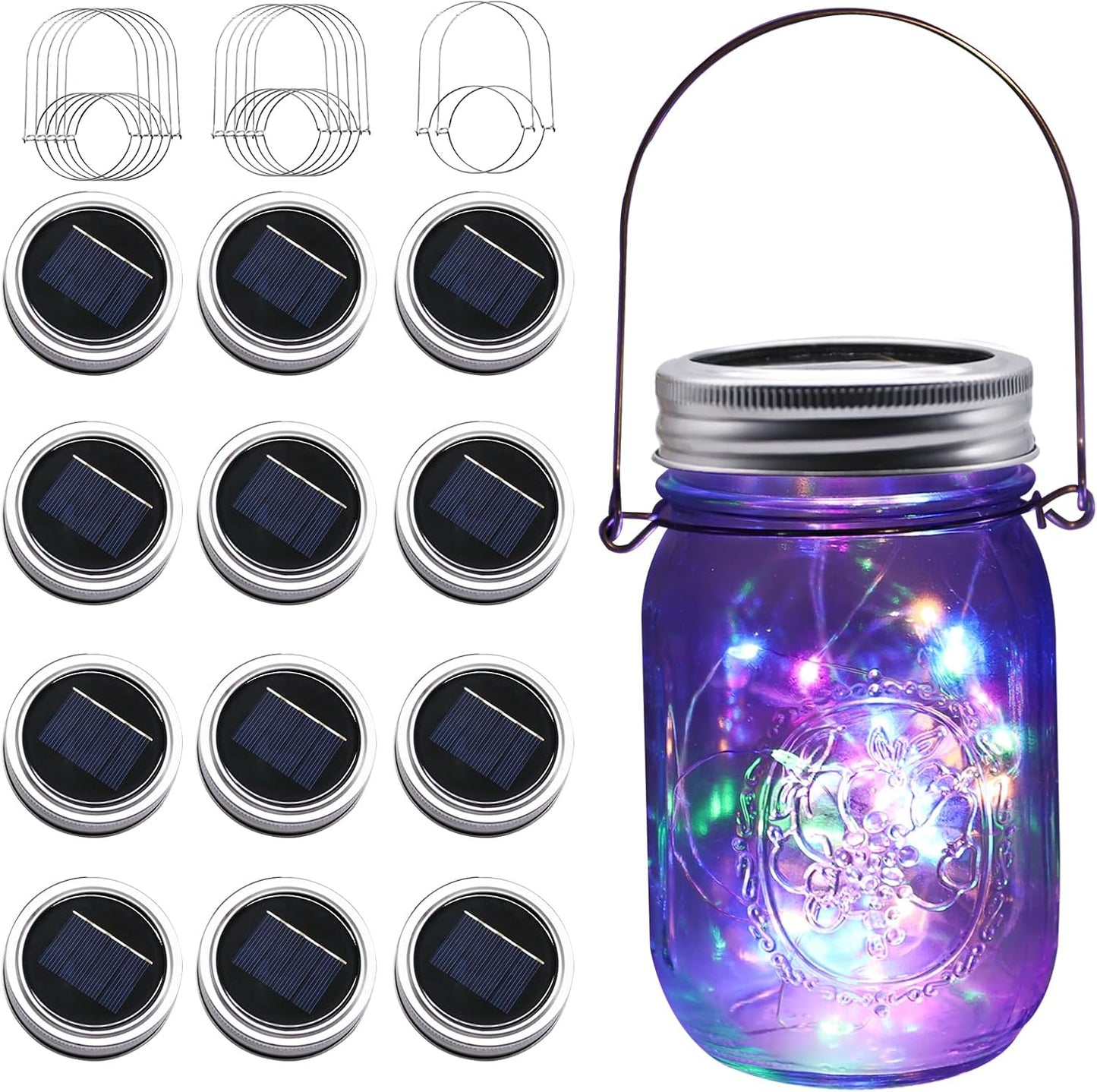 Solar Mason Jar Lights [Upgraded], 12 Pack 30 LED Firefly Fairy String Lights, Waterproof Outdoor Solar Mason Jar Lid Lights with Hangers(NO JARS) for Patio Garden Yard Wedding Decoration - Multicolor