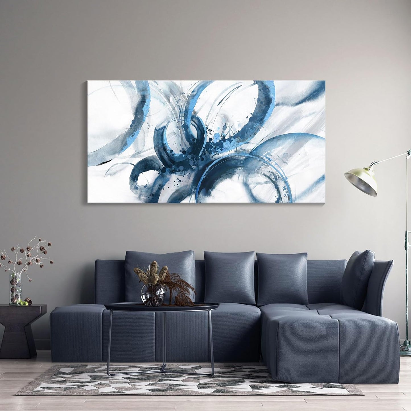 Blue Wall Art Large Pictures for Living Room Abstract Wall Decor Wall Decoration Print Pictures Canvas Framed Artwork Minimalist Paintings for Office Above Bed Wall Decor 24×48in