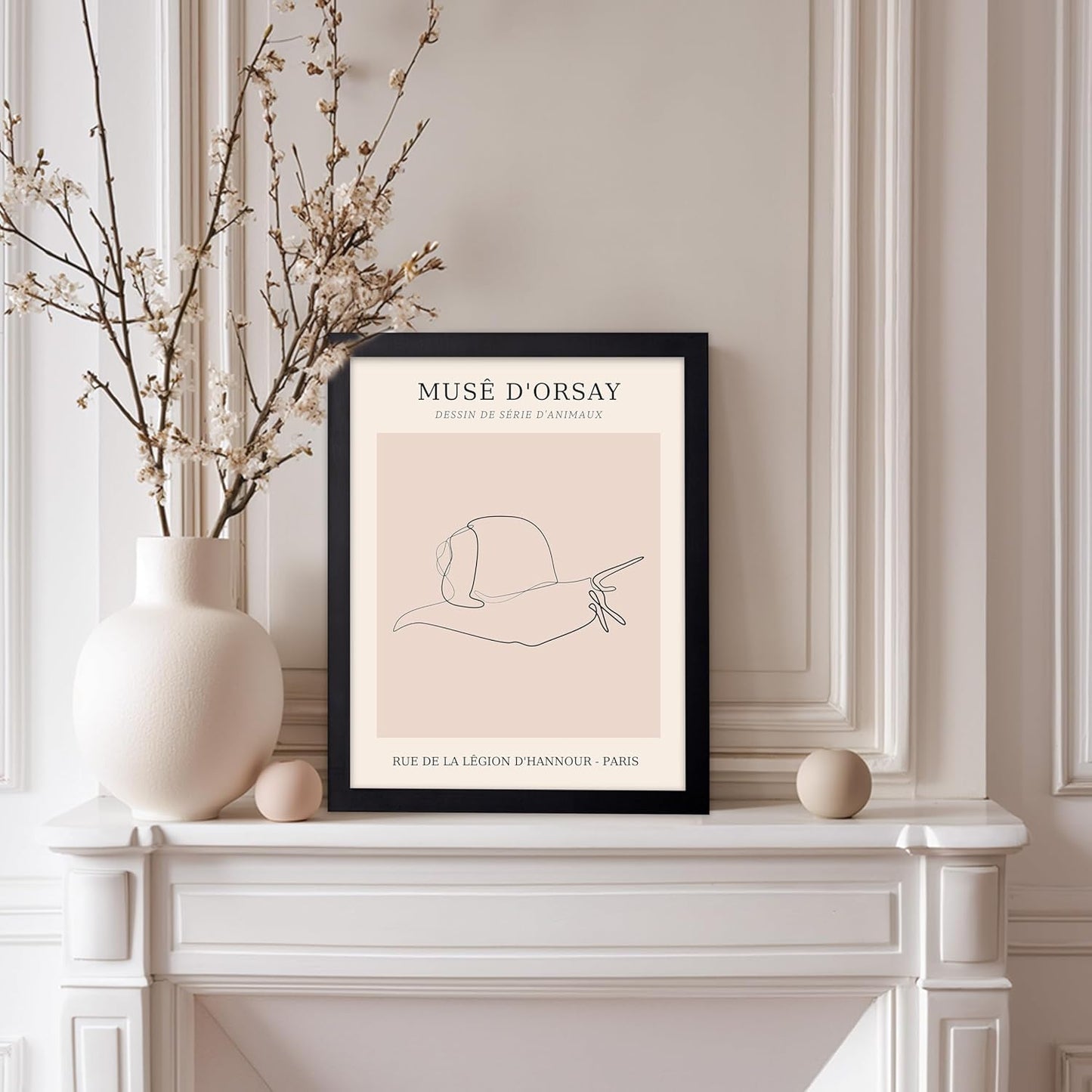 Poster Master Vintage Poster - Retro One Line Snail Drawing Print - Snail Line Art - Minimal Gift for Men, Women, Animal Lover - Abstract Wall Decor for Home, Office, 8x10 Black Framed