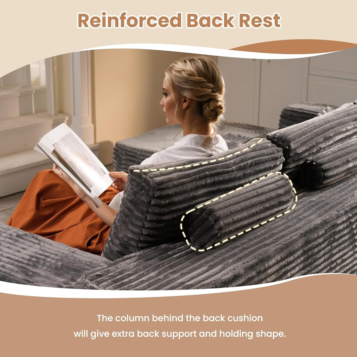 HOOOWOOO Cloud Sectional Couches for Living Room,Modular Sectional Sofa No Assembly,133X108 Inch Plush Corduroy Large U Shaped Floor Couch Set with Deep Seat Right Chaise(Gray)