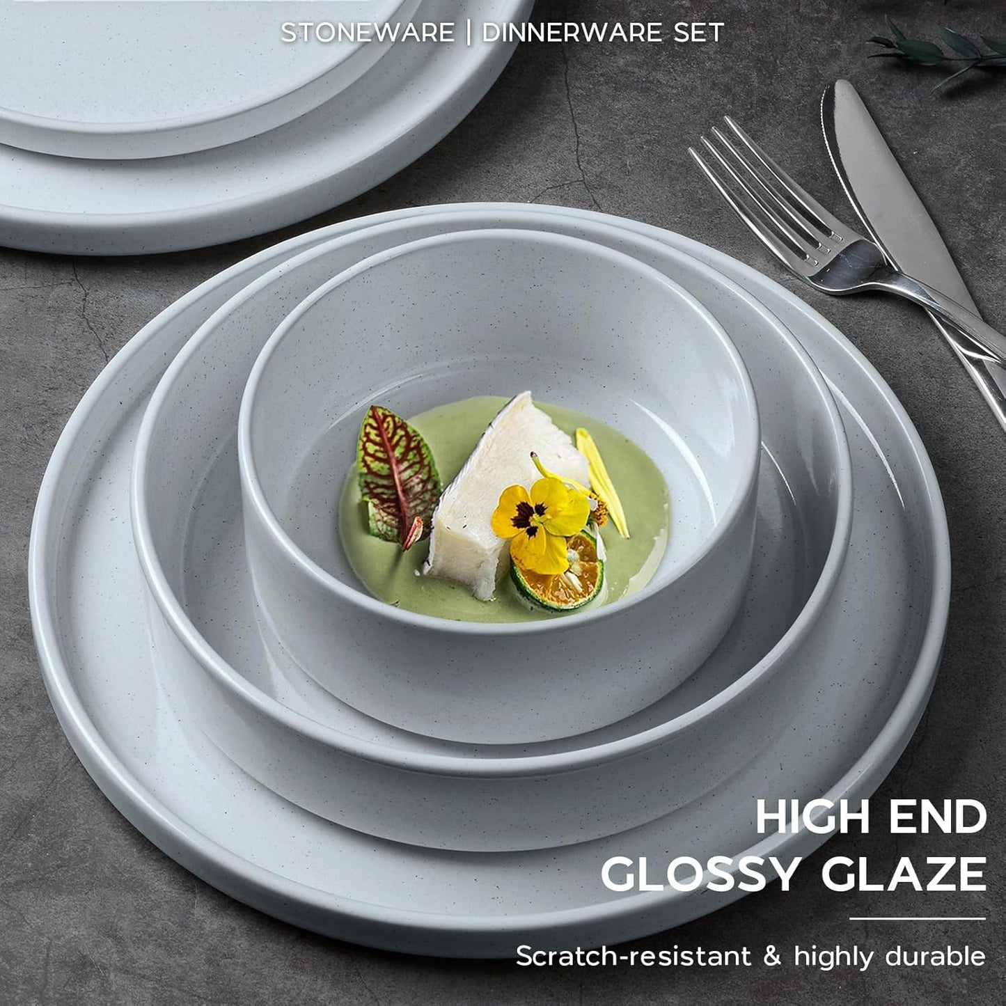 Onader Dinner Plates and Bowls Sets, 8 Pieces Stoneware Dinnerware Service for 2, Gray Ceramic Kitchen Dish Set, Speckled Dishware Dining Ware - Slate Gray