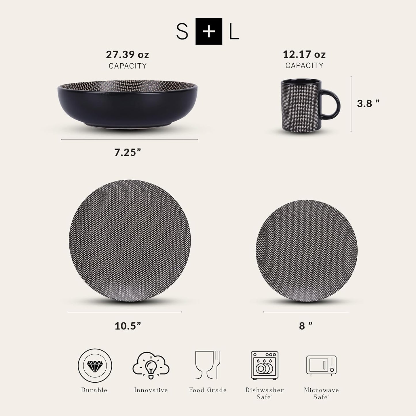 Stone Lain Daisy Stoneware 32-piece Round Dinnerware Set, Brown and Black