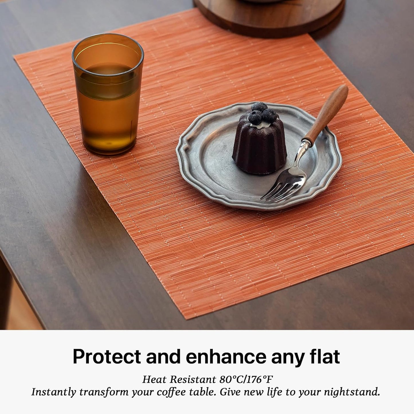 LEXMORE Placemats Set of 6 Vinyl/Plastic Woven Place Mats for Kitchen Table Indoor/Outdoor Washable Placemat Wipeable Dining Table Mats(Orange)