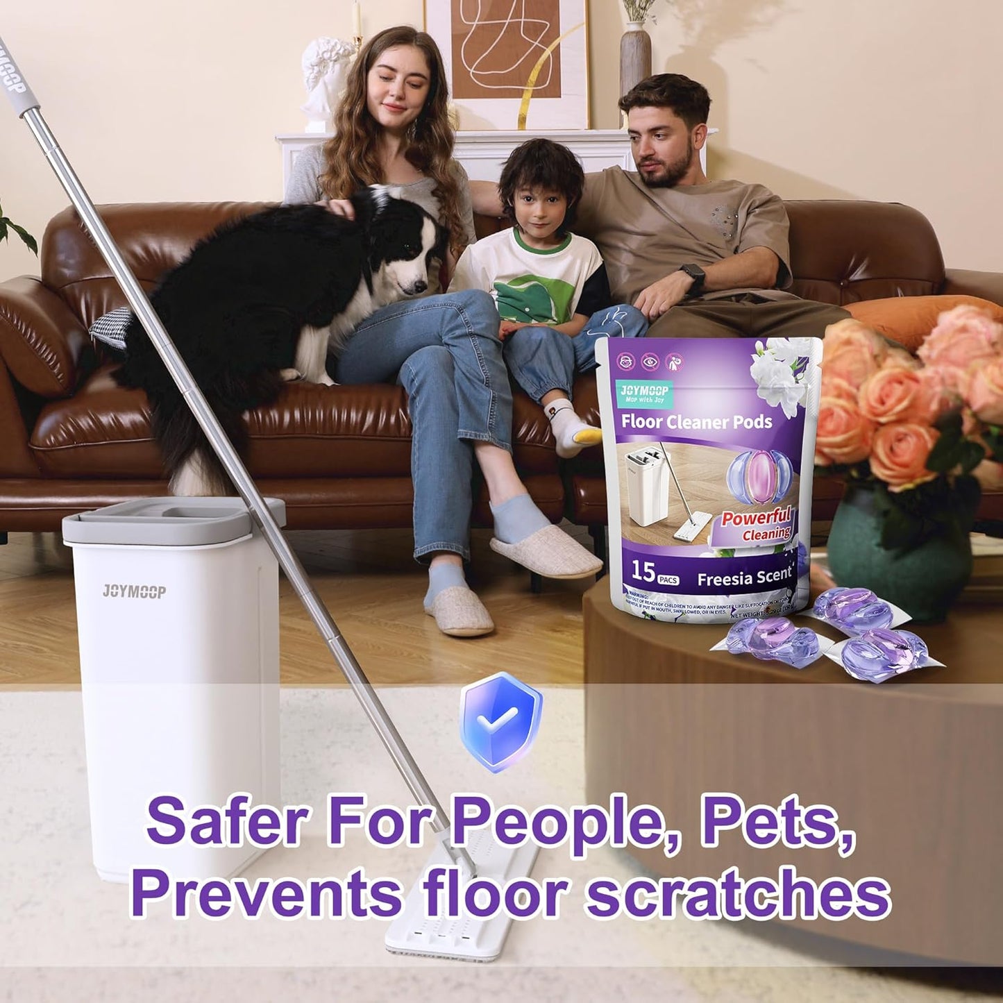 JOYMOOP Mop and Bucket with Wringer Set and Floor Cleaner Pods, Flat Floor Mop with 3 Reusable Microfiber Pads, Wet and Dry Use, Freesia Scent Pack of 15 Pacs for Floor Cleaning