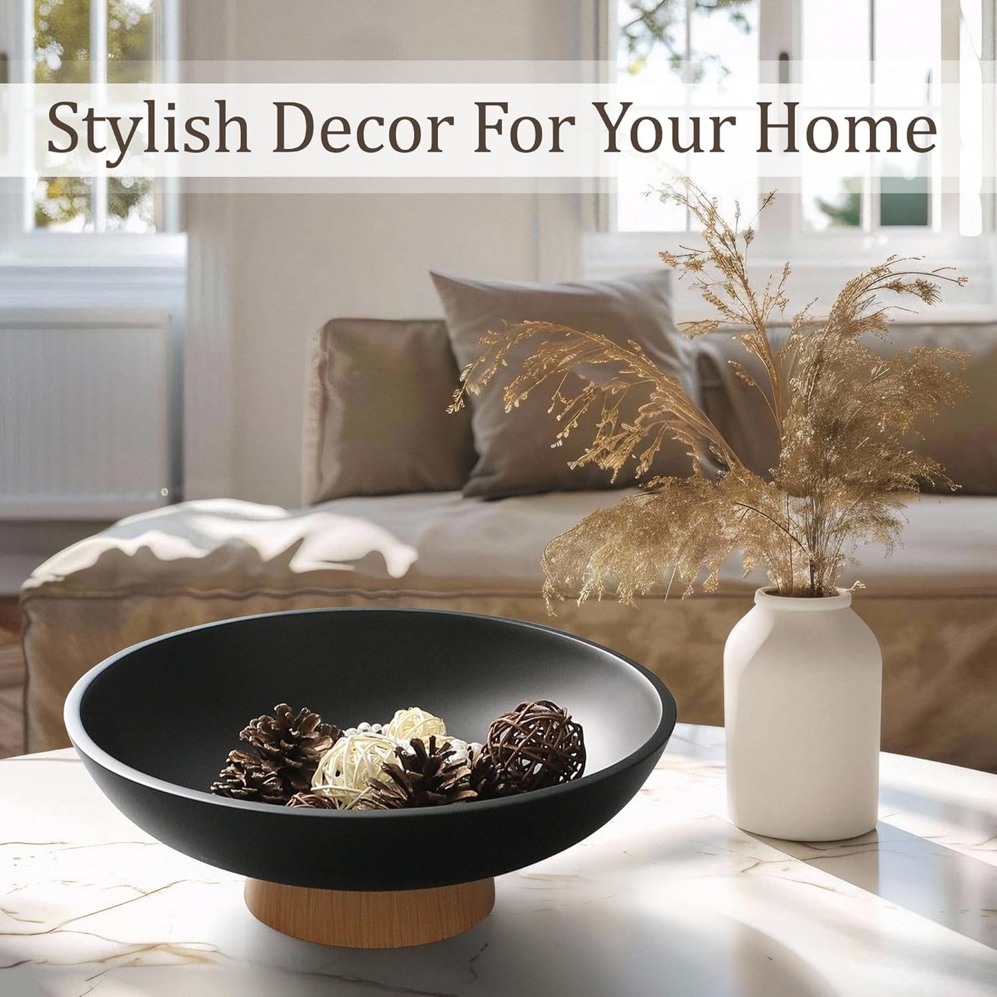 Modern Resin Pedestal Bowl – Large Fruit Bowl for Kitchen Counter, Catch All Tray for Entryway Table, Stylish Key Bowl & Dining Centerpiece, Black