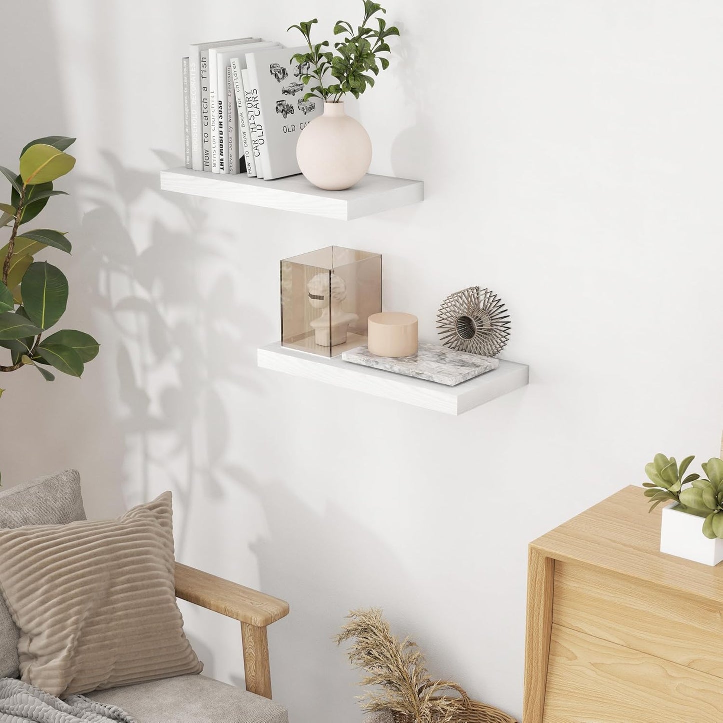 Fun Memories White Floating Shelves 16 Inch Long, 9 Inch Deep Wall Shelf for Bathroom, 16 x 9 Floating Shelf for Living Room, Bedroom, Kitchen, Rustic Wood Shelves for Wall, Set of 2