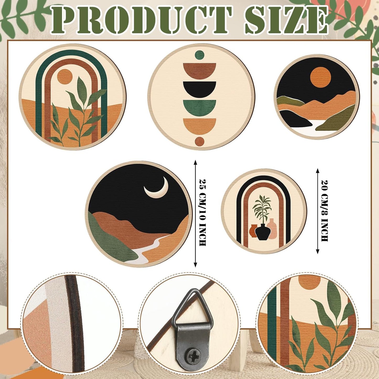 Qunclay 5 Pcs Wall Art Decor Wooden Living Room Wall Decor Bohemian Hanging Farmhouse Geometric 10'' and 8'' Aesthetic Wood Minimalist Posters for Bedroom(Sunset)