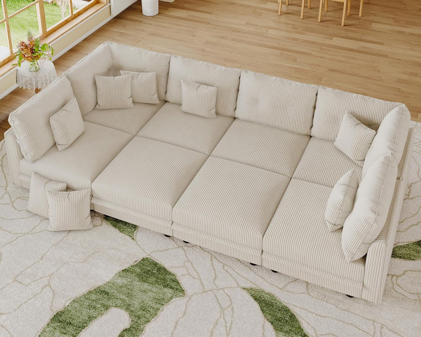 LLappuil Modular Sectional Sofa with Storage Seats, Corduroy Convertible Modular U Shaped Sectional Couch for Living Room, 8 Seat Oversized Sofa with 8 Back Cushion 8 Throw Pillow, Beige