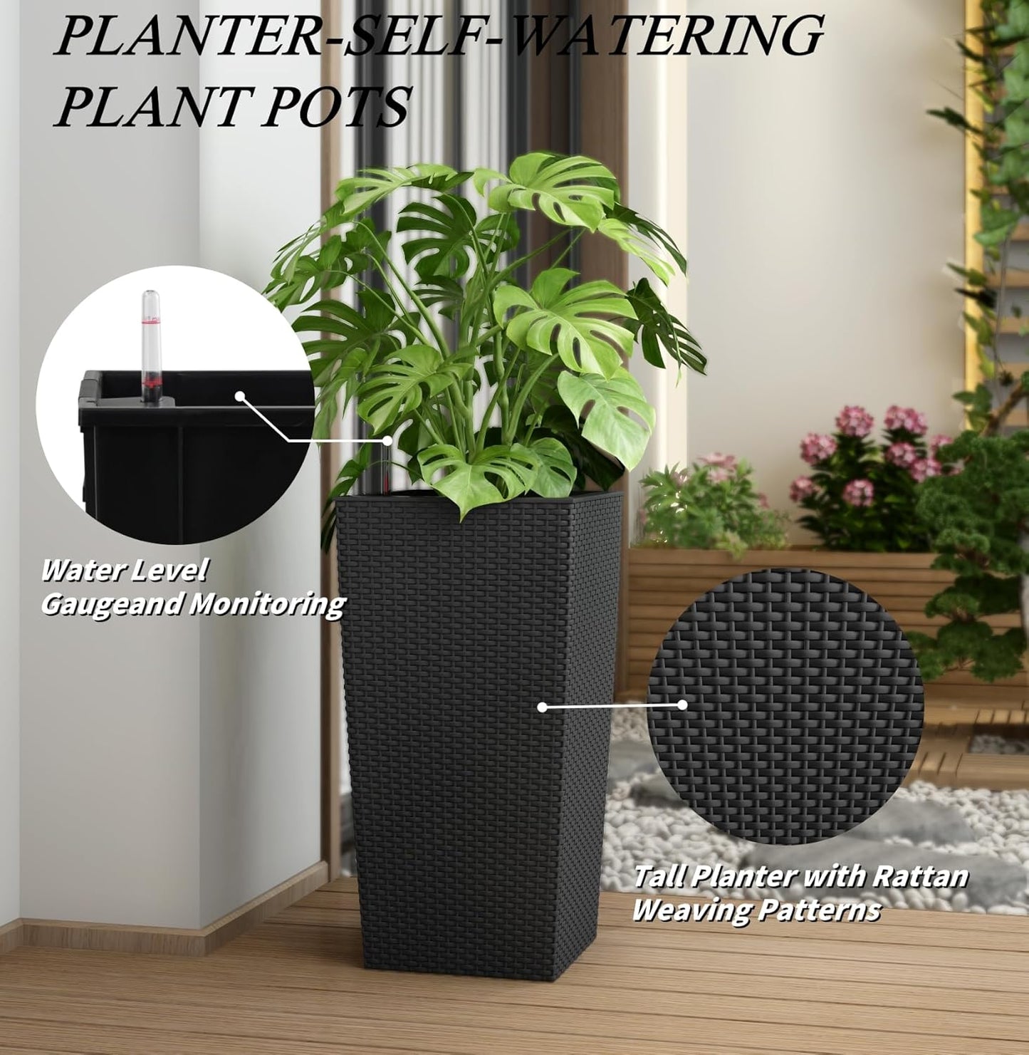 30in Tall Large Plant Pots Planter-Self-Watering Indoor/Outdoor Planting with Drain Holes, Water Level Monitor, Inner Bucket for Front Porch Patio, Black Large