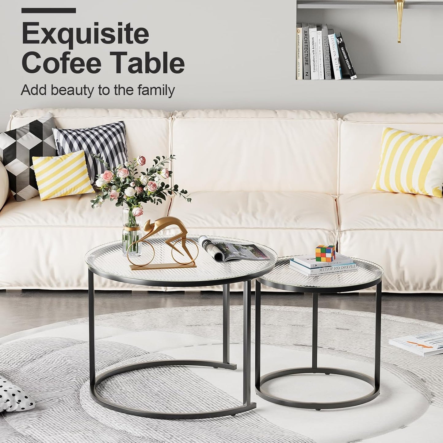 aboxoo Gold Nesting Coffee Table Set of 2, Small Glass Round Nesting Tables for Living Room Bedroom, Accent Tea Table with Black Metal Frame Modern Industrial Simple