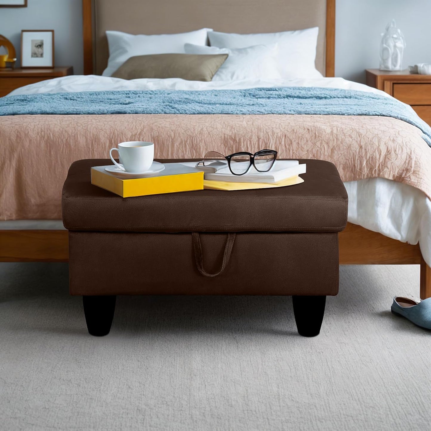 Ottoman Rectangular Storage Ottoman Bench, Flannel Footrest Stool Footstool with Lid for Living Room, Bedroom, Entryway, Chocolate, 28.5"x19"x17.5"