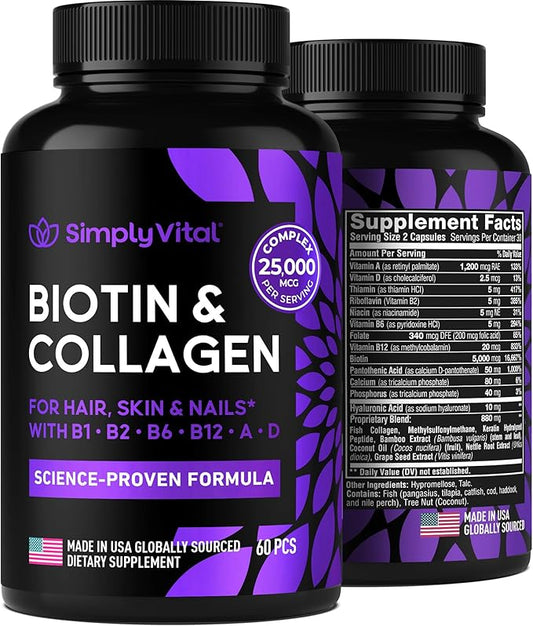 Biotin Vitamins for Hair, Skin & Nails 5000mcg, Keratin 60 Caps