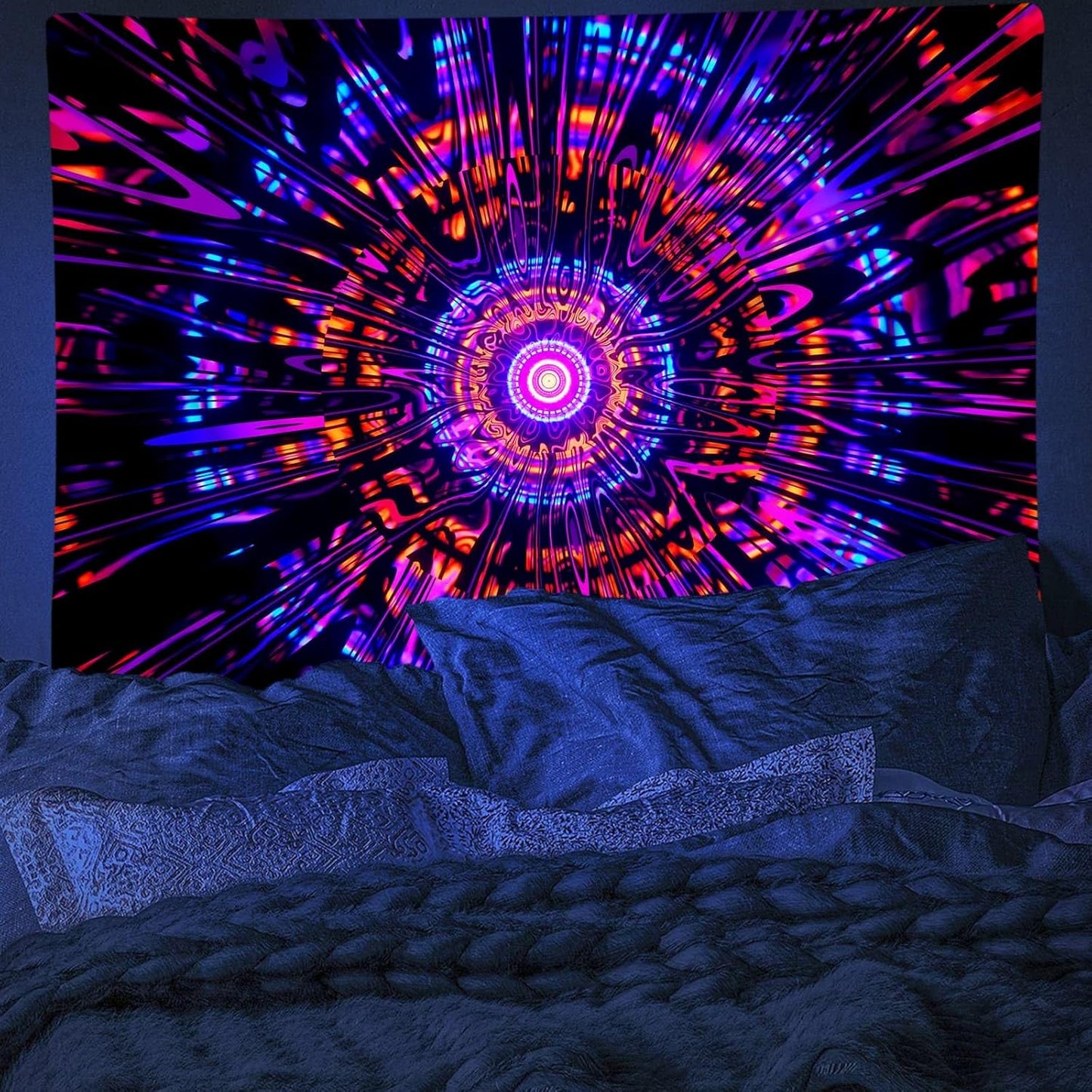 PSYHILAR Blacklight Mandala Tapestry for Bedroom, Psychedelic Black Light Posters for Adults and Teens, Colorful UV Reactive Aesthetic Bohemian Art Wall Hanging Decor Red and Purple (90 x 70 Inches)