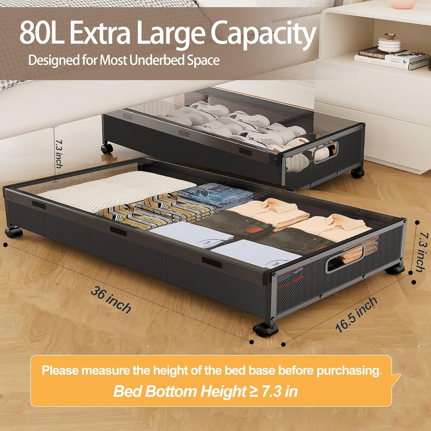Under Bed Storage Containers with Wheels, 80L Extra-large Underbed Shoe Storage Organizer 2 Pack with Removable Lids, Large Rolling Under Bed Storage Dresser Drawers for Clothes Shoes Blankets