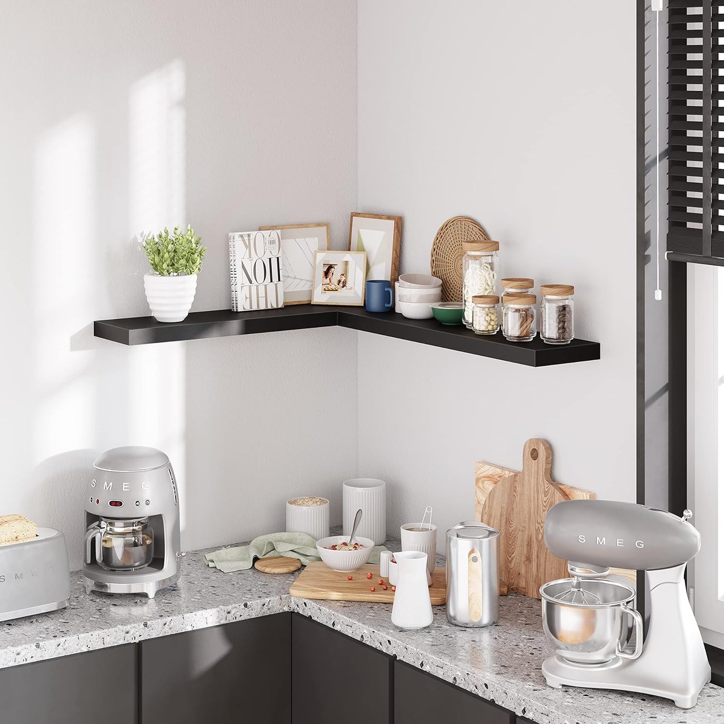 BAMEOS Floating Shelves, 35 Wx7 D Black Wall Mounted Wooden Shelves with Invisible Brackets Set of 2, Hanging Wall Shelves Decoration for Bedroom and Kitchen