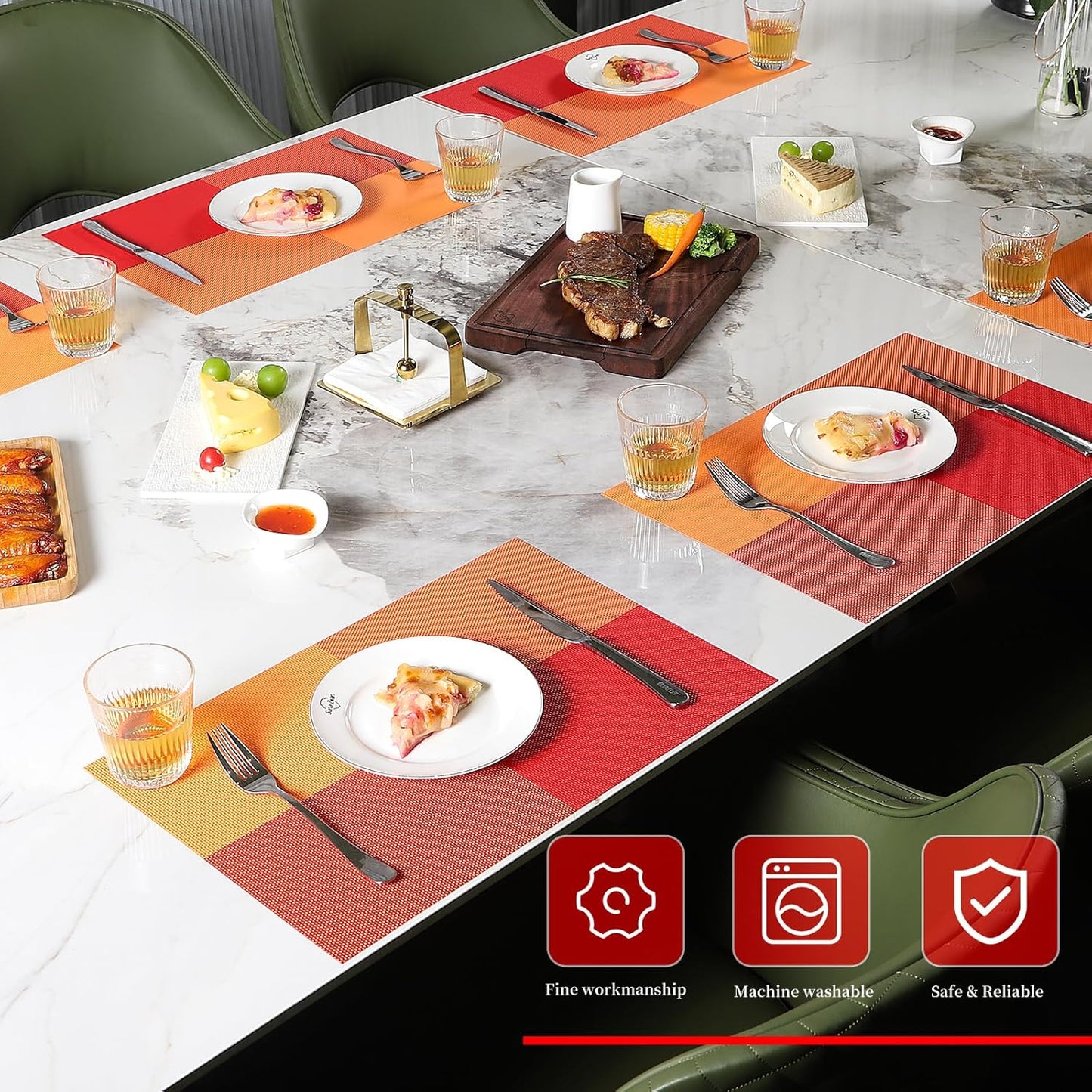 Vinyl Plastic Placemats Set of 6 Washable Heat Resistant Non-Slip Elegant Indoor Outdoor Kitchen Dining PVC Woven Table Place Mats (Orange Red Lattice Block)