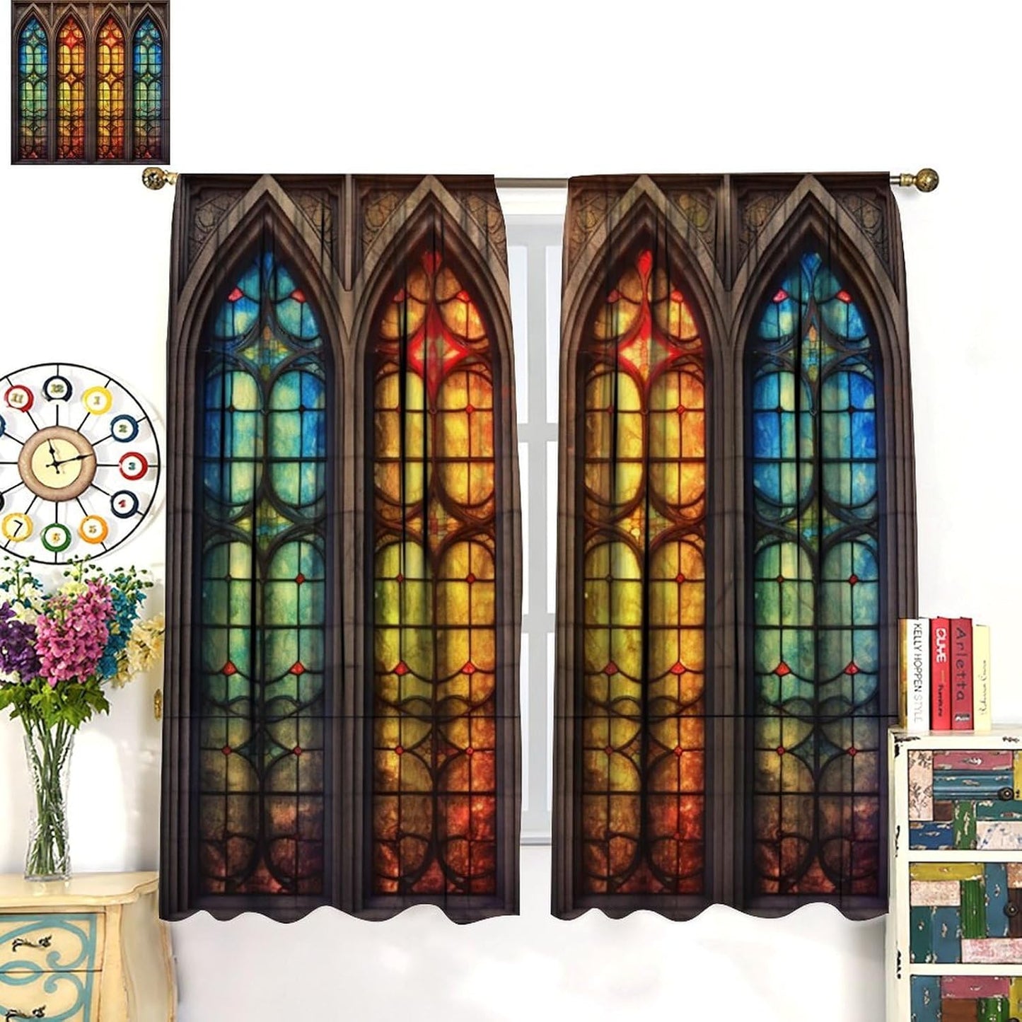 Stained Glass Curtains,Mid Century Vintage Style Abstract Art Home Decor Drapes for Bedroom Living Room Kitchen Window Treatment 2 Panels Set Total Size 42" W X 63" L Inch