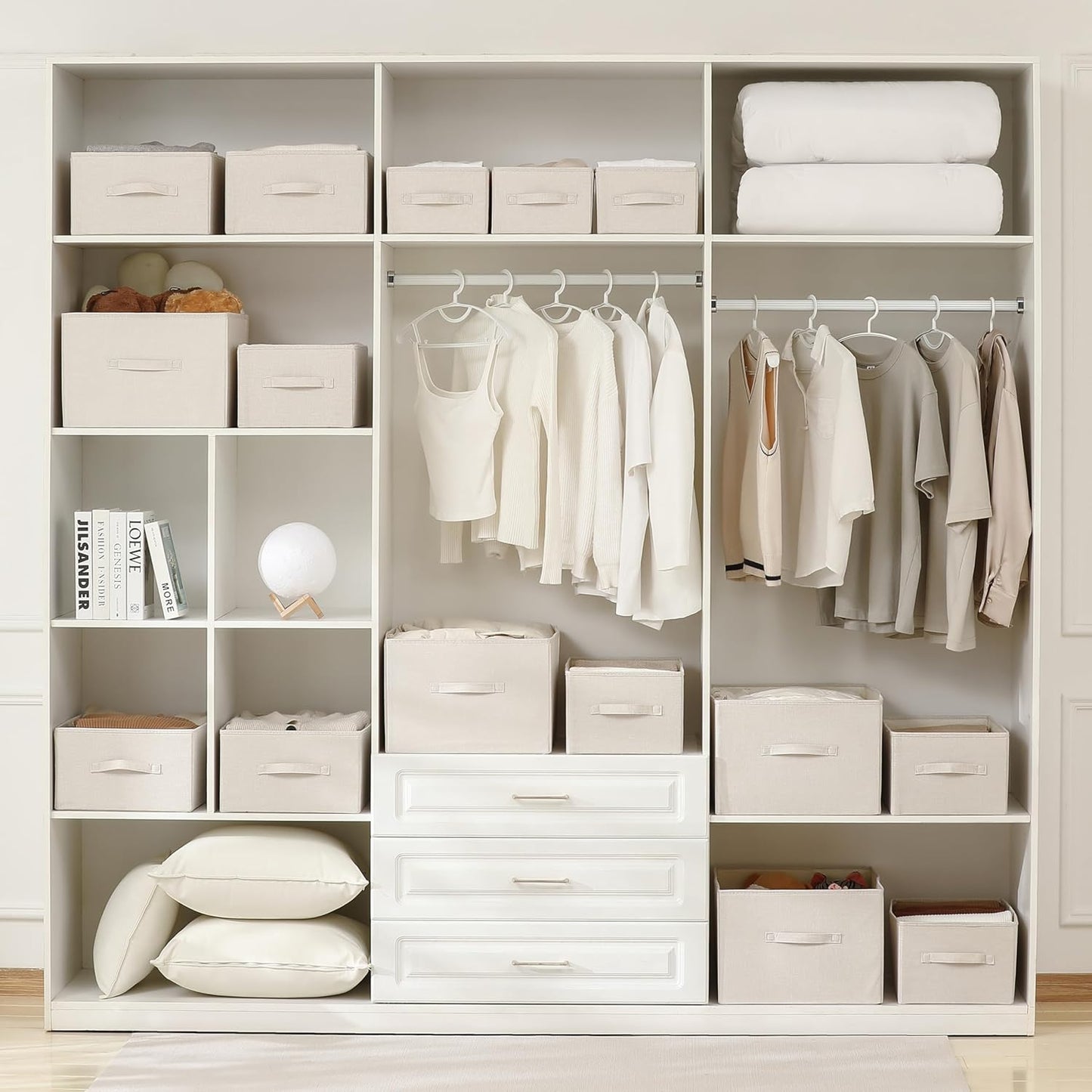 Linen Folding Storage Bins, 3 Pack Large Storage Baskets, Washable, Clothing Storage Bins with Handle, Closet Organizer for Storage Sweater,Sheets(Beige, 18½"x11" x8½")