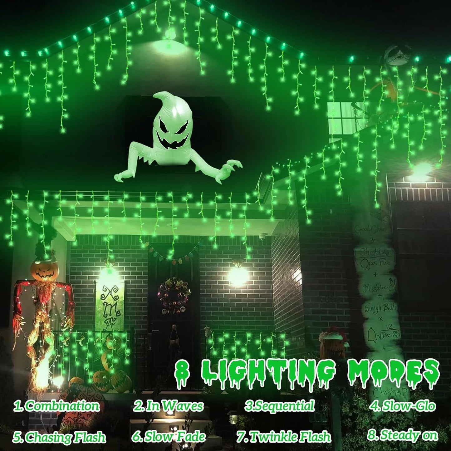 YEGUO 33ft 400 LED Green Icicle Halloween Lights Outdoor Waterproof, 80 Drops Icicle Light Connectable, 8 Modes Icicle String Lights with Memory