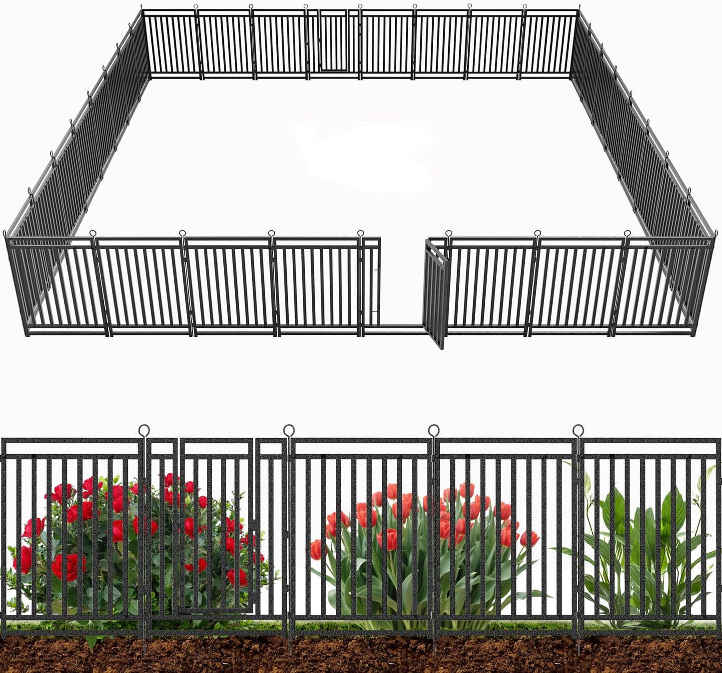 Decorative Garden Fence Large Dog Fence Outdoor for Yard, 72ft (L) × 40in (H), 28 Panels + 4 Gates, Metal Animal Barrier Fencing for Patio & Flower Bed, No Dig, Black-Silver