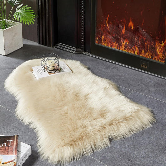 AMTOVO Faux Fur Rug, Beige Small Area Rug, Fluffy Sheepskin Rug, Fuzzy Ultra Soft 2 x 3 ft Shag Rugs for Bedroom Sofa Throw Cushion Room Decor, Sheepskin