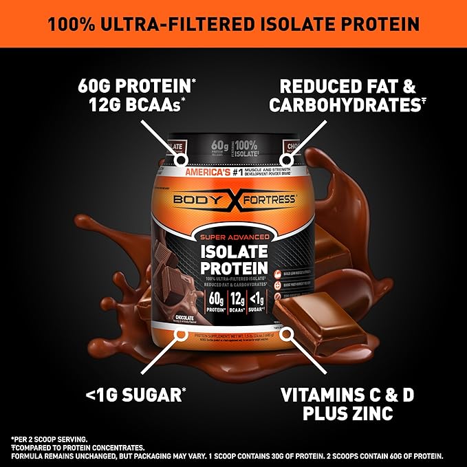 Body Fortress Super Advanced Isolate Protein Powder, Gluten Free, Chocolate, 1.5lbs