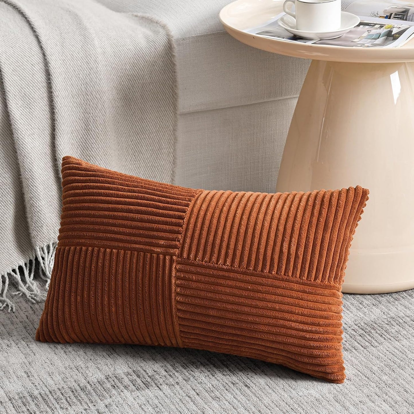 Fancy Homi 2 Packs Rust Lumbar Decorative Throw Pillow Covers 16x32 Inch for Couch Bed Sofa, Rustic Farmhouse Boho Home Decor, Soft Striped Corduroy Rectangle Accent Terracotta Cushion Case 40x80 cm