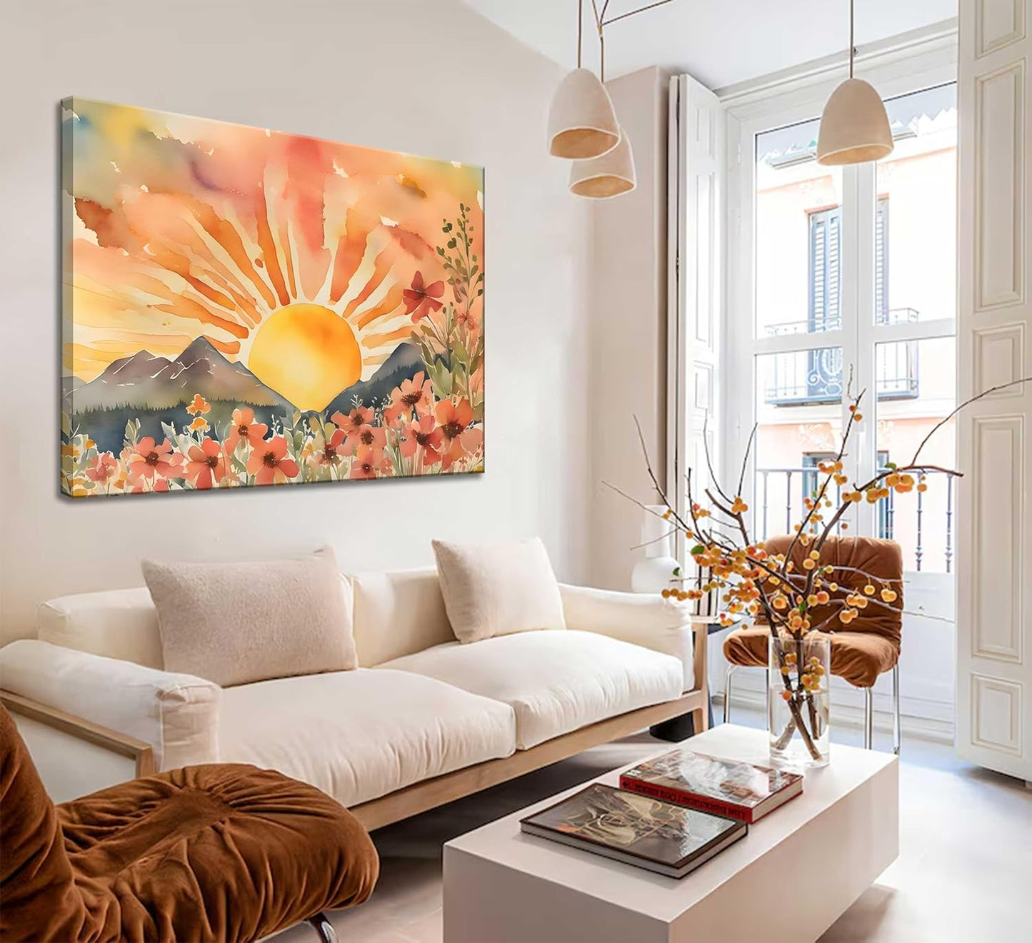 Boho Sun Canvas Wall art Mid-Century Modern Abstract Bohemian Sunset in The Mountains Watercolor Wildflowers Sunrise Landscape Picture Wall Decor Poster Print Artwork for Living Room Bedroom