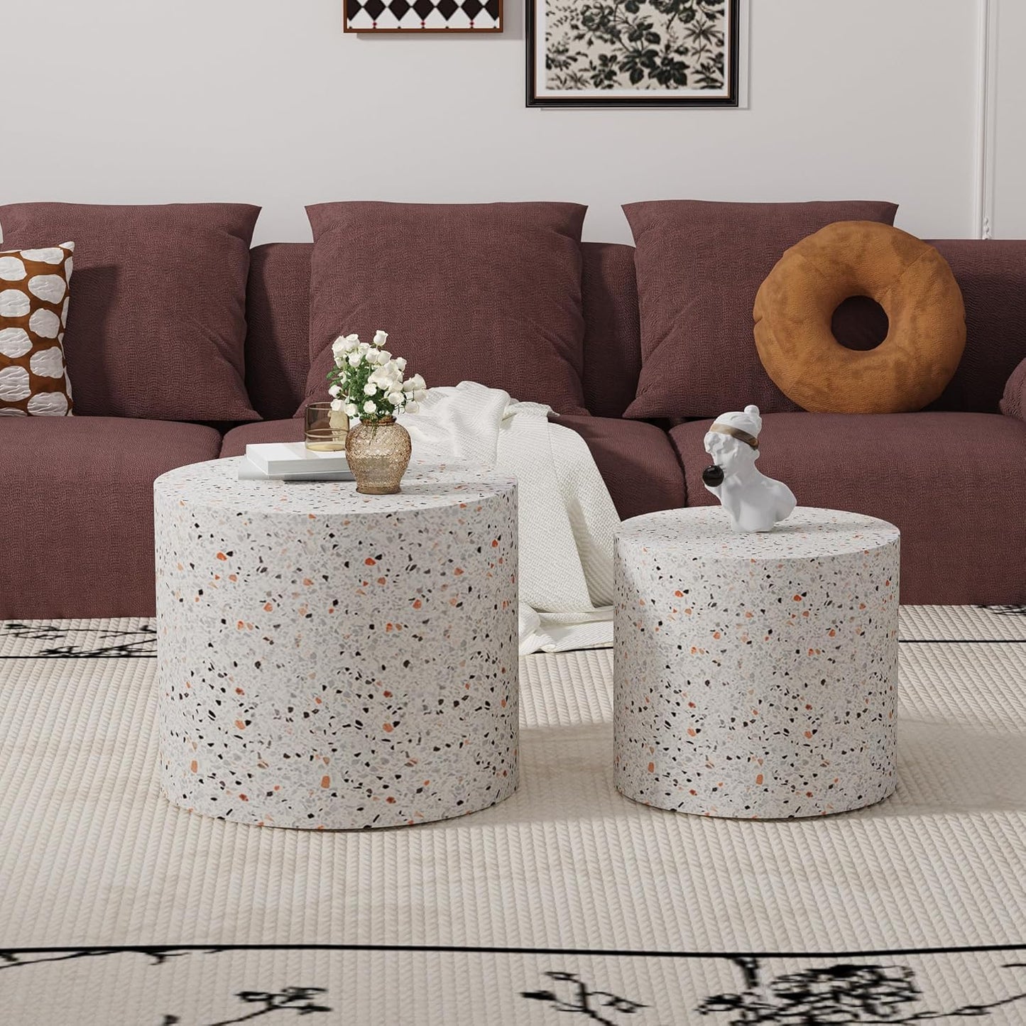 Round Nesting Coffee Table Set of 2 Modern Wood Coffee Tables Handcraft Drum Coffees Table Farmhouse Round Sofa Side Tables End Table for Living Room Small Spaces (Terrazzo)
