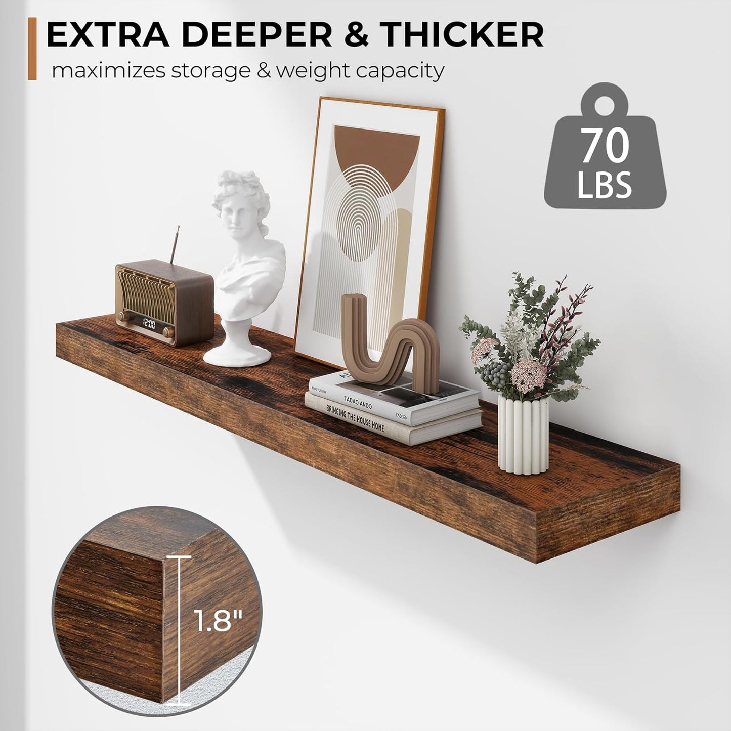 Fun Memories 36 Inch Floating Shelves - Deep Rustic Wooden Wall Shelves - Extra Deeper & Thicker Wall Mounted Storage Shelf for Bedroom, Kitchen, Farmhouse - 2 Pack, Rustic Brown