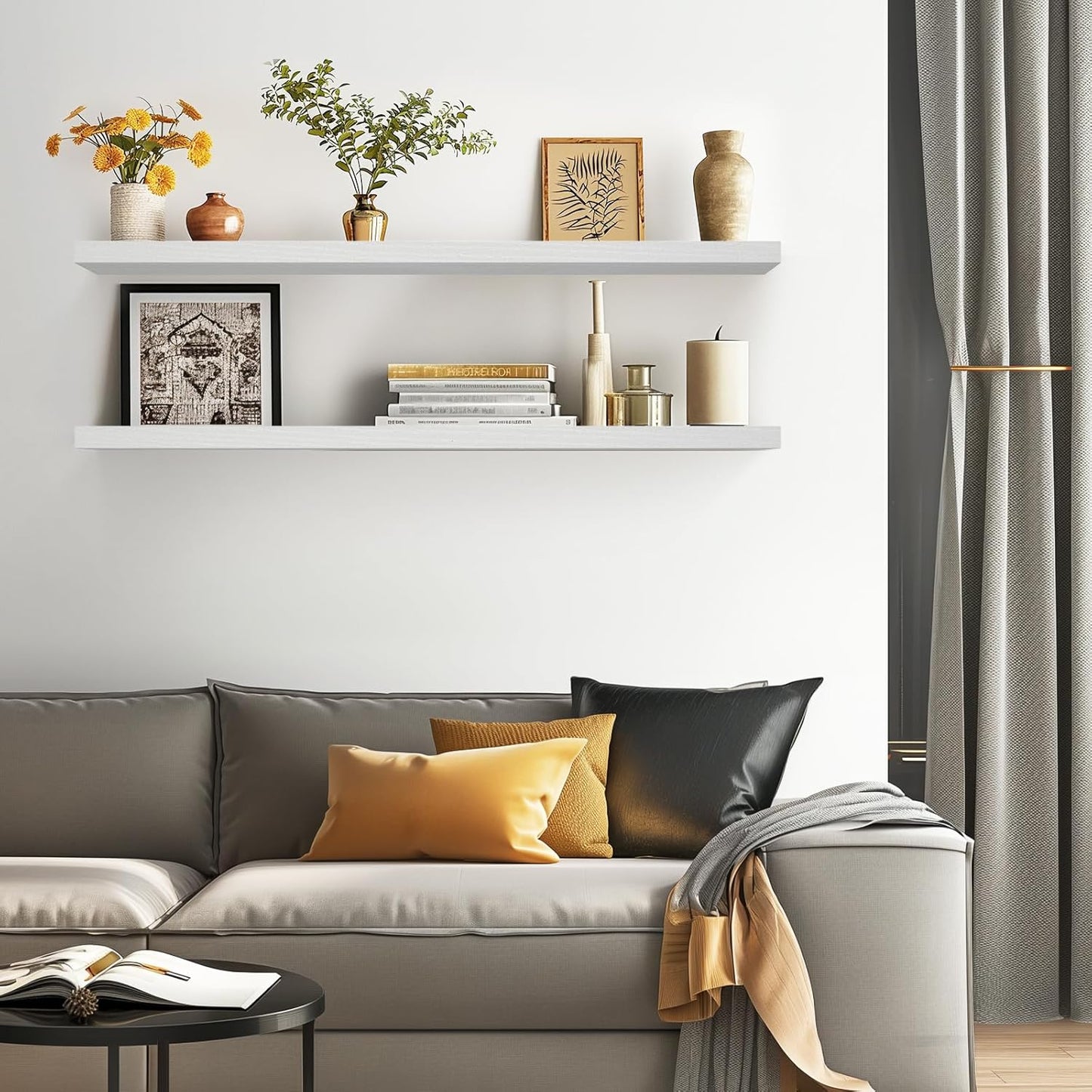 BAYKA Floating Shelves, 48 inches Long Heavy Duty Wall Mounted Rustic Wood Shelves for Bathroom, Bedroom, Living Room, Kitchen, Office, Hanging Shelf for Books/Storage/Decor(White,Set of 2)