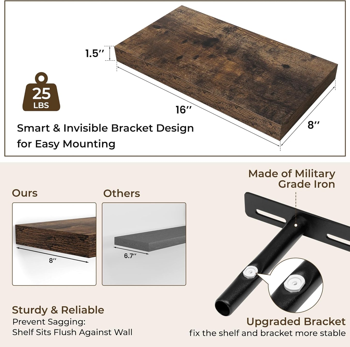 RICHFOCUS 16Inch Floating Shelves for Wall 2 Pack Shelves for Bedroom|Kitchen|Bathroom Wall Mounted Rustic Wood Floating Shelf with Invisible Brackets for Books|Storage|Decor, Rustic Brown
