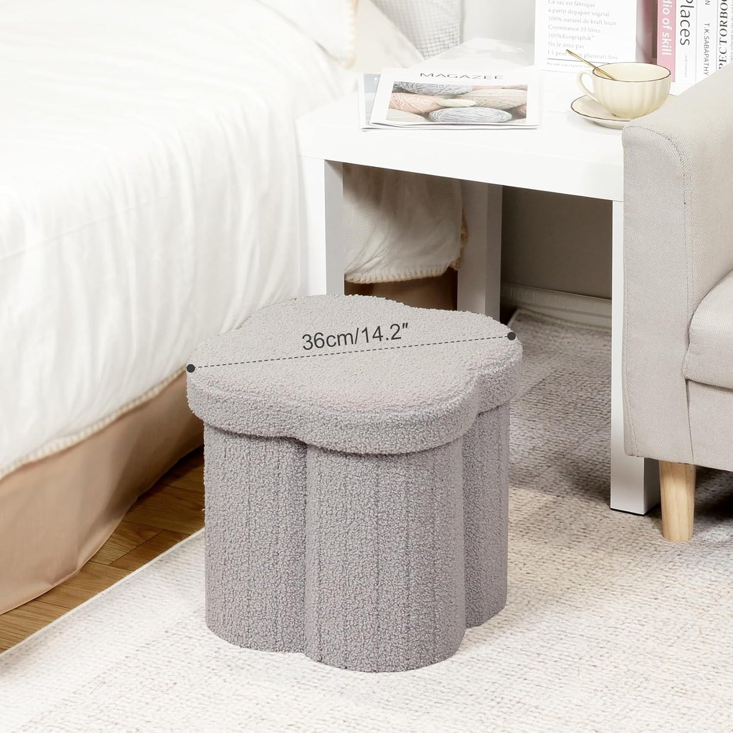 B FSOBEIIALEO Storage Ottoman Cube, Flowers Shaped Ottomans with Storage Foot Stool Footrest for Lving Room, Boucle Ottoman Seat for Dorm Room,Faux Teddy Fur, Grey 12.6"x12.6"x12.6"