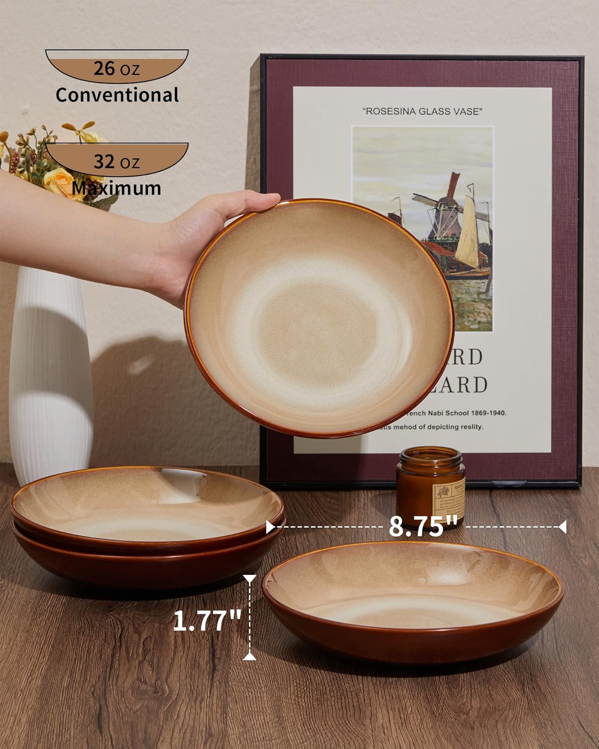 16 Piece Double Bowl Plates and Bowls Sets, Ceramic Dinnerware Sets with Pasta Bowls, Dishwasher & Microwave Safe Dish Set, Scratch Resistant Stoneware Plate Set, Service for 4 Brown Yellow