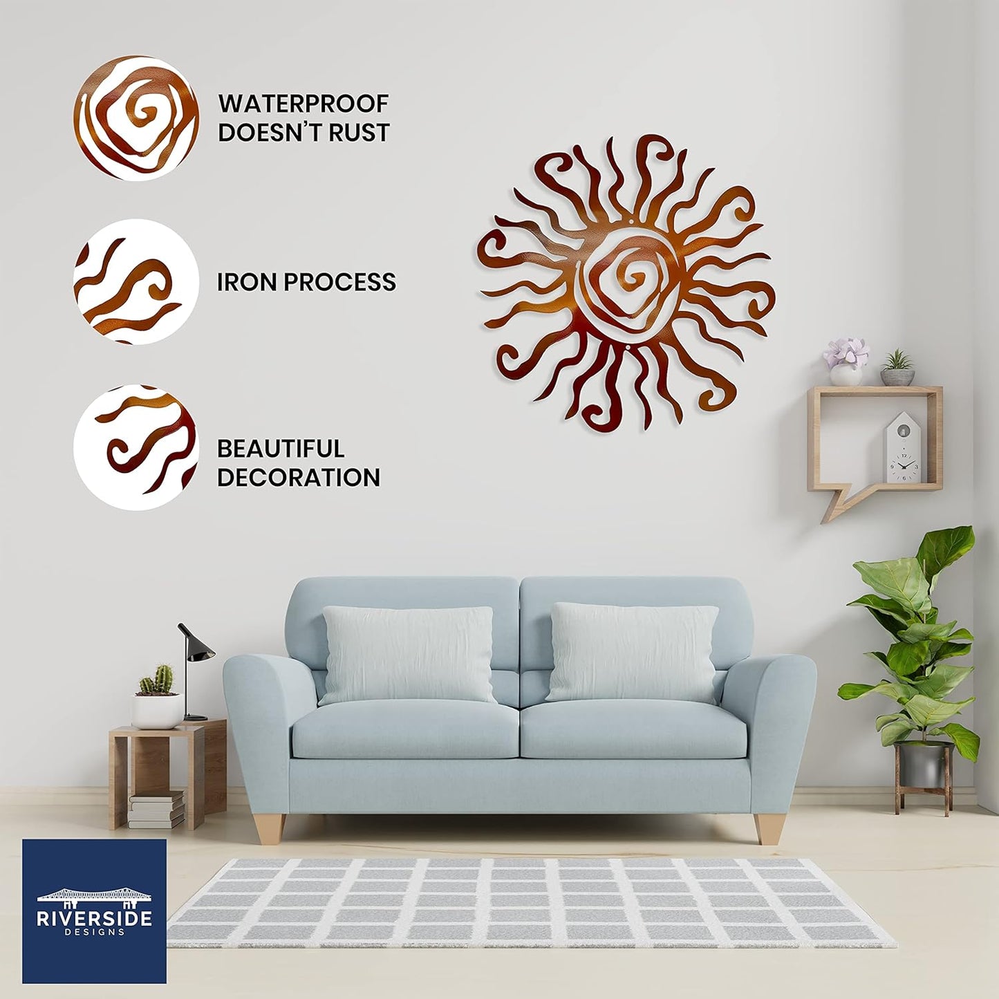 Wacky Sun Metal Wall Art Indoor/Outdoor Decor - 12" Copper Rust Proof Wall Sculpture - Made in USA - Ideal for Bedroom, Garden, Home, Patio and Farmhouse