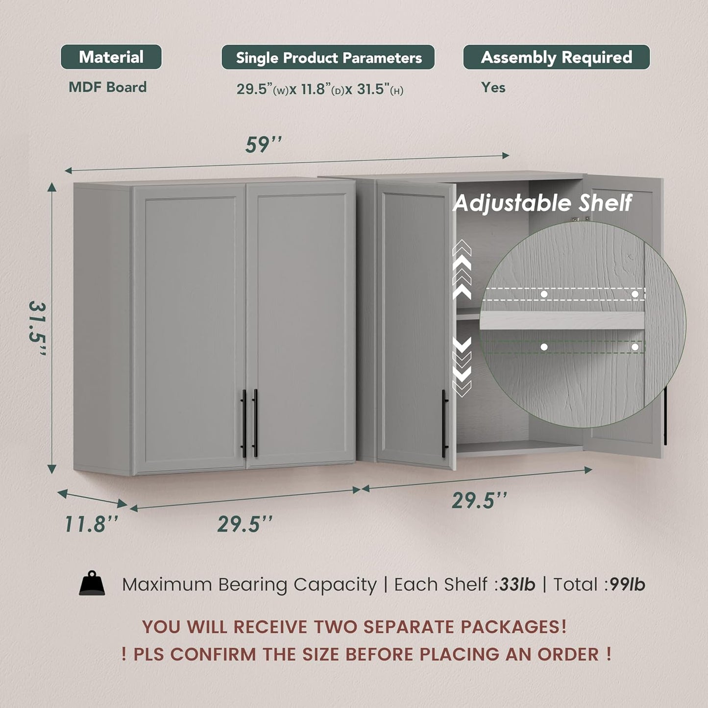 FIMELLO 59" Laundry Room Cabinets Wall Mounted, Kitchen Wall Cabinet with Adjustable Shelf, Wall Cabinets with Doors for Laundry Room, Upper Cabinets for Bathroom, Gray