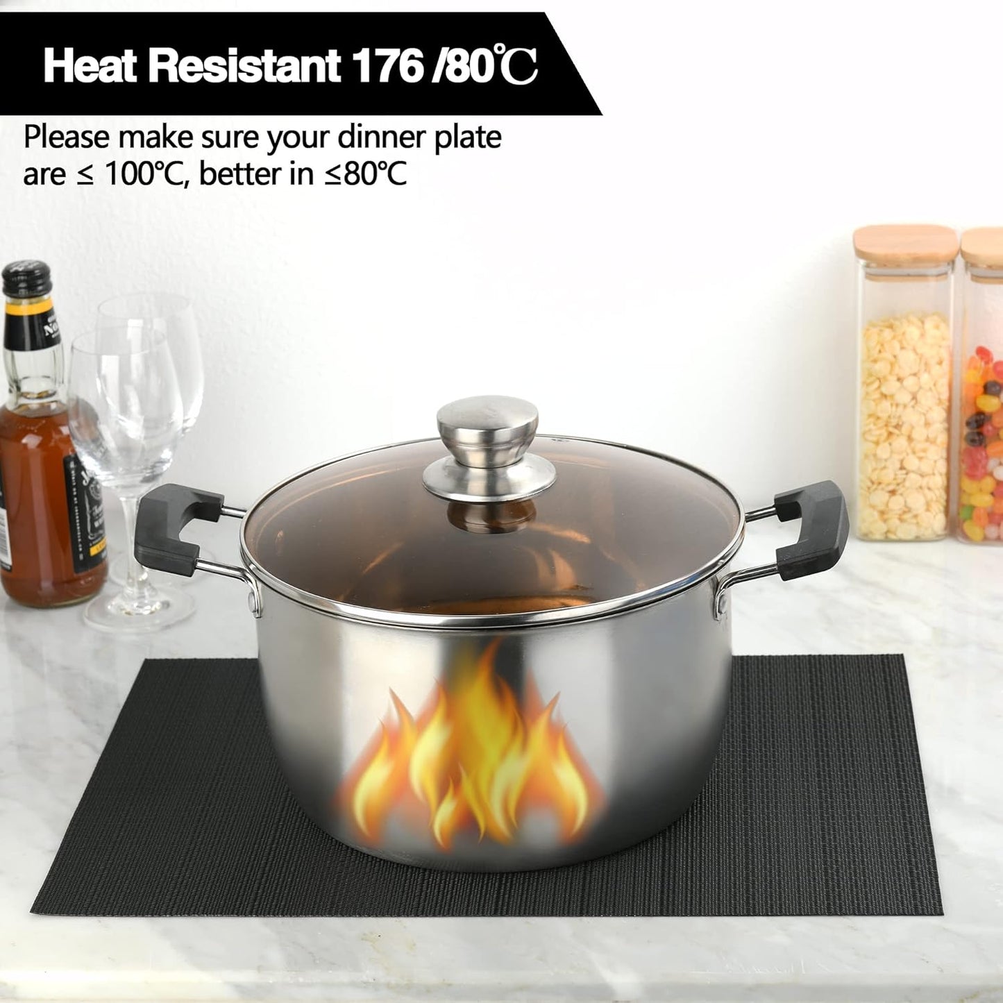 Black Placemats Set of 8 - Easy Clean Washable Vinyl Placemats - Heat Resistant Placemats for Kitchen Table - PVC Table Mats for Dining Table (Pure Black, 8)