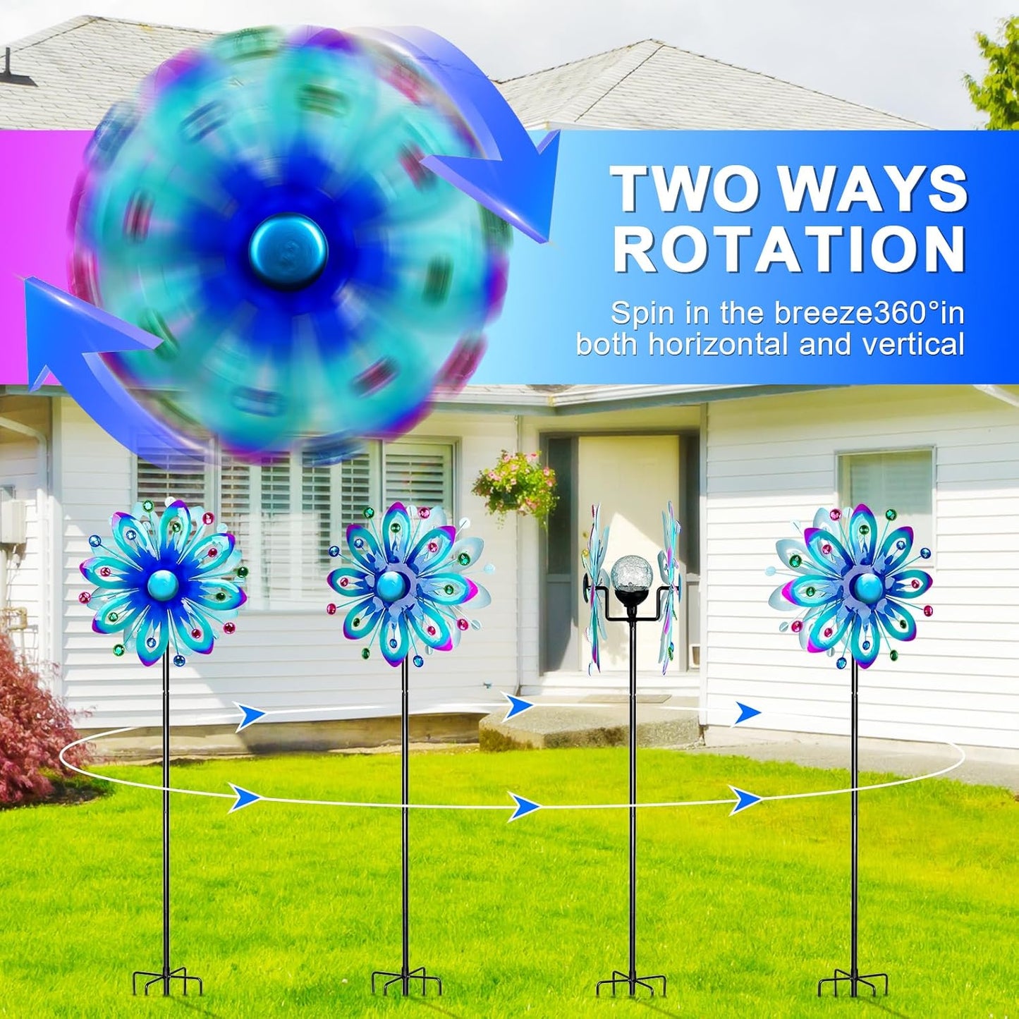 Solar Wind Spinners, 60.63" Outdoor Metal Stake Yard Wind Sculpture,Solar Powered Multi-Color LED Glass Ball with Kinetic Wind Spinners for Yard and Garden Lawn Patio Decor