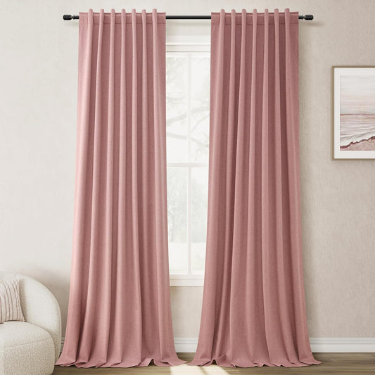 BOODII Pink Linen 100% Blackout Curtains for Bedroom 102 Inch Long 2 Panels Window Curtain Floor to Ceiling Length for Living Room Sliding Glass Door Back Tab Room Darkening Drapes Blush Pink 52x102