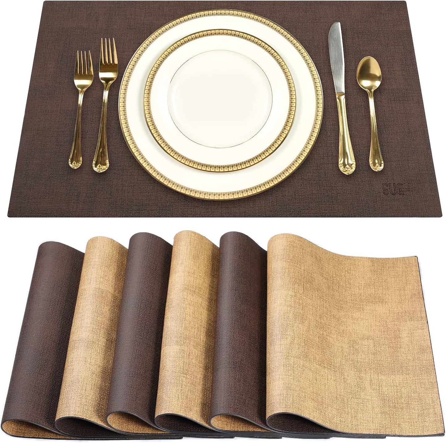 SUEH DESIGN Leather Placemats Set of 6 Reversible Table Mats Heat Resistant Waterproof No-Slip Place Mats for Dining Table Kitchen Parties
