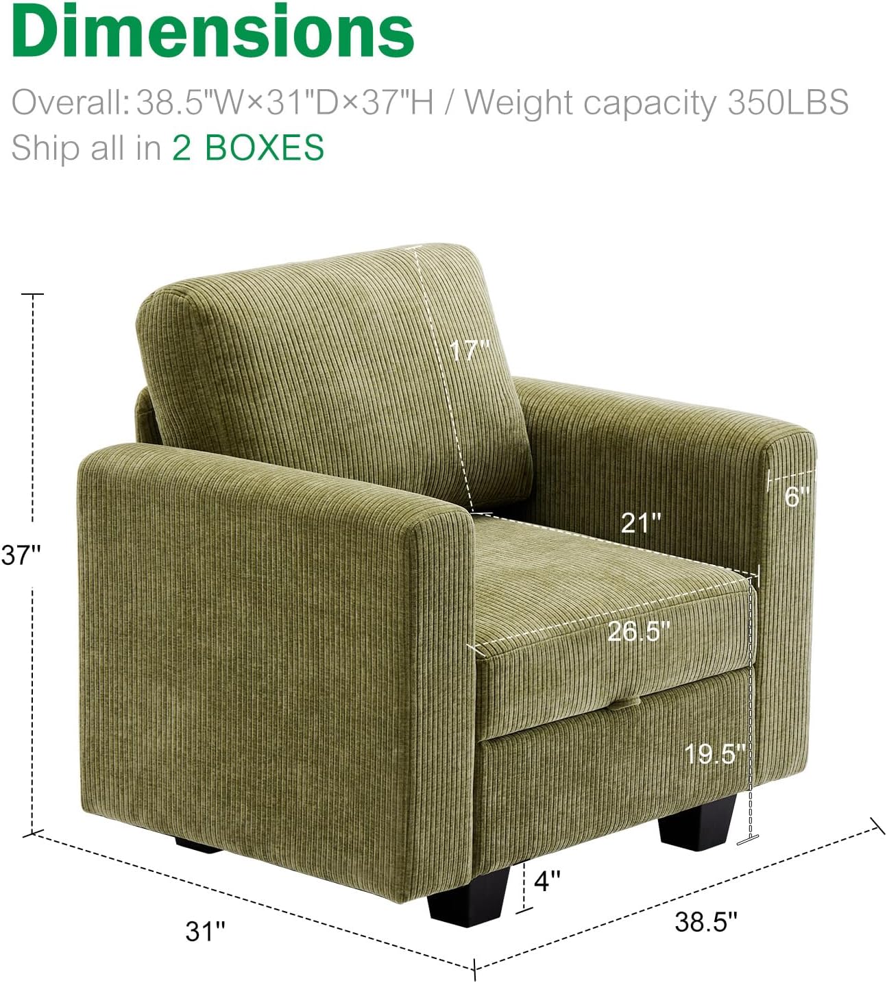 38.5 Oversized Accent Chair with Storage Green Corduroy Set of 2, Single Modern Accent Sofa Chair with Arms for Apartment Living Room (21" Deep Seat)