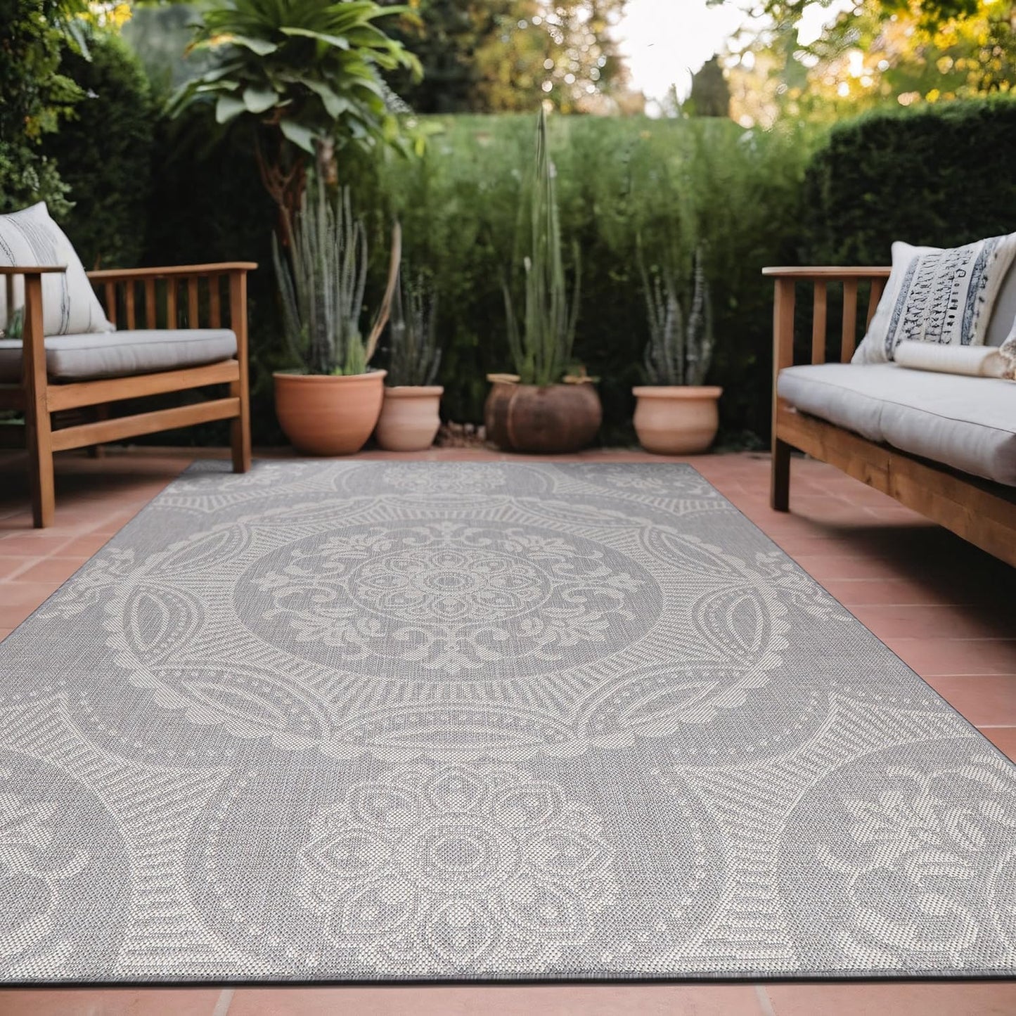 Medallion Outdoor Rug 10x14 Washable Outside Carpet for Indoor Patio Porch Waterproof Easy Cleaning Non Shedding Area Rugs Gray 10 x 14