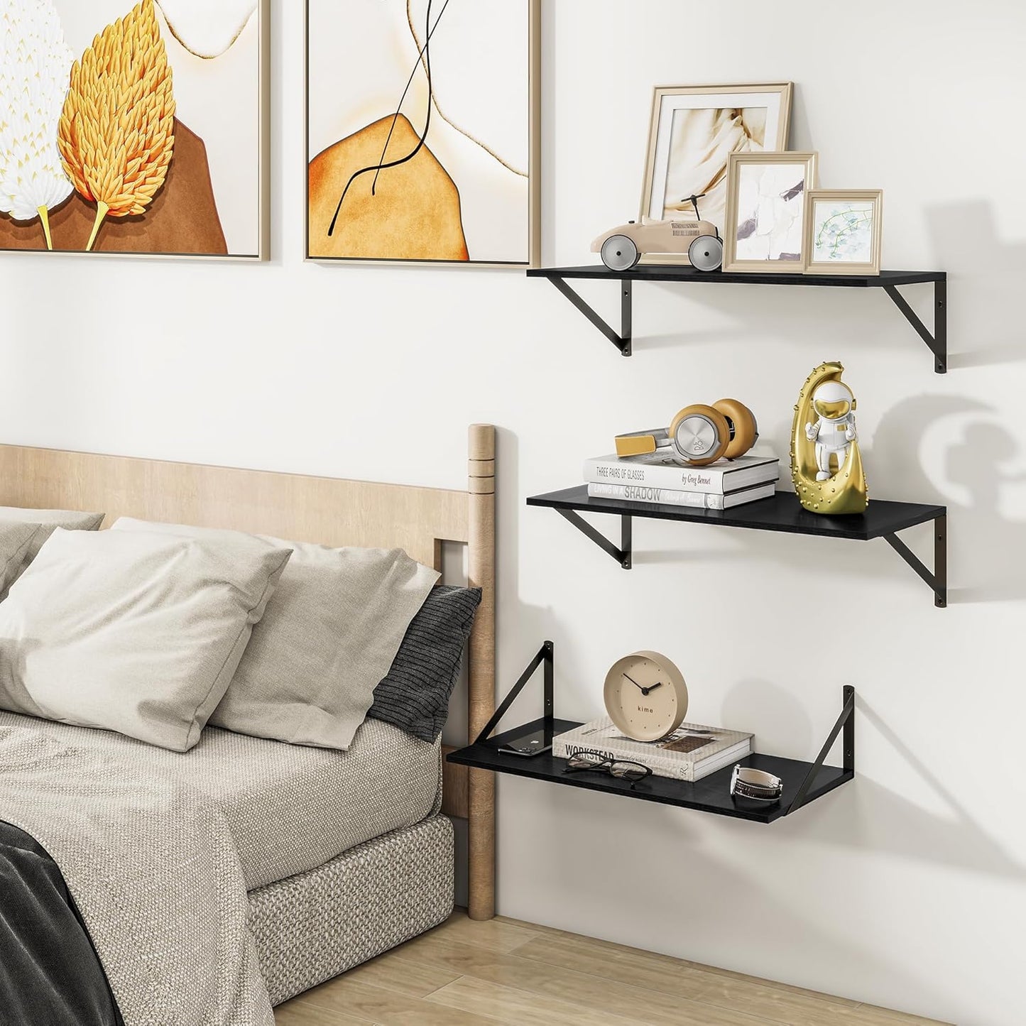 Heimlove 24" W x 12" D Wall Shelves for Books, 12 Inch Deep Floating Shelves Set of 3, Wide Floating Bookshelf with Metal Bracket for Living Room, Kitchen, Office, Bedroom and Decor Storage - Black