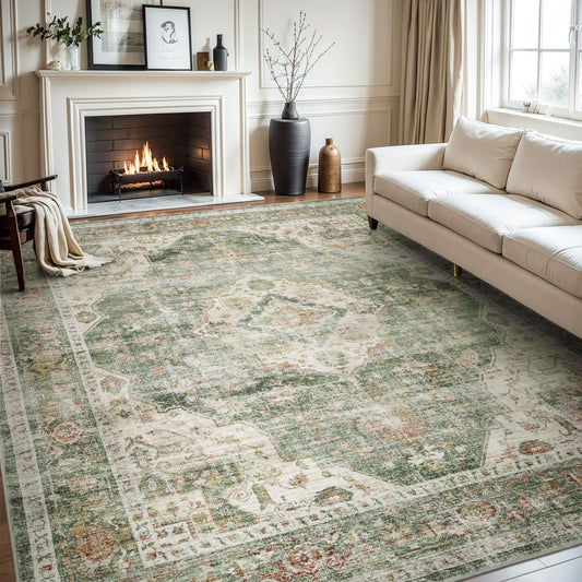 AMOAMI-Area Rug 6X9 Rugs for Living Room-Vintage Soft Green Rugs for Bedroom-Non Slip Carpet-Machine Washable Rug for Dining Room Living Room Bedroom Office Under Table
