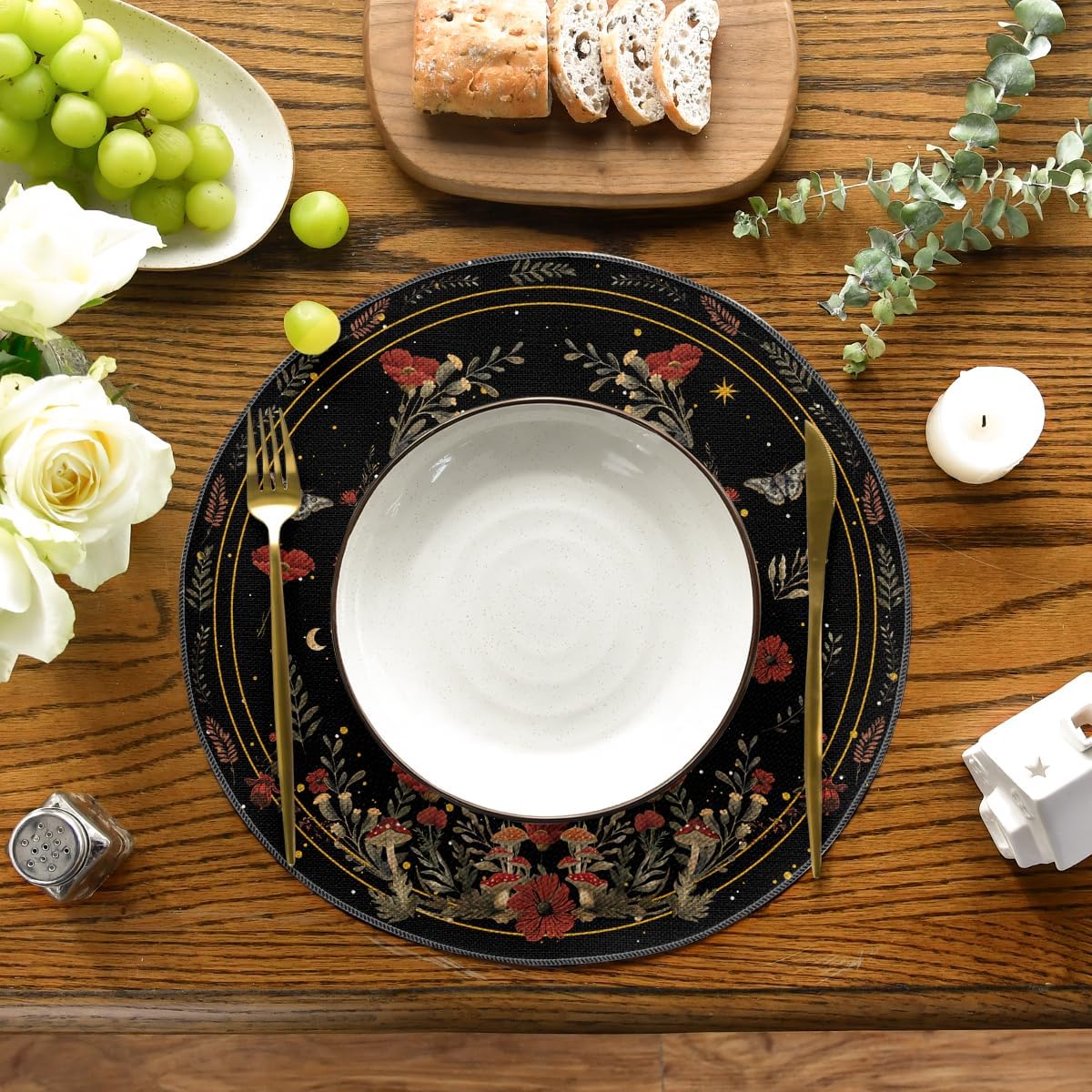 Artoid Mode Black Poppy Moth Moon Round Placemats Set of 4, 14 Inch Floral Spring Round Table Mats for Party Kitchen Dining Decoration