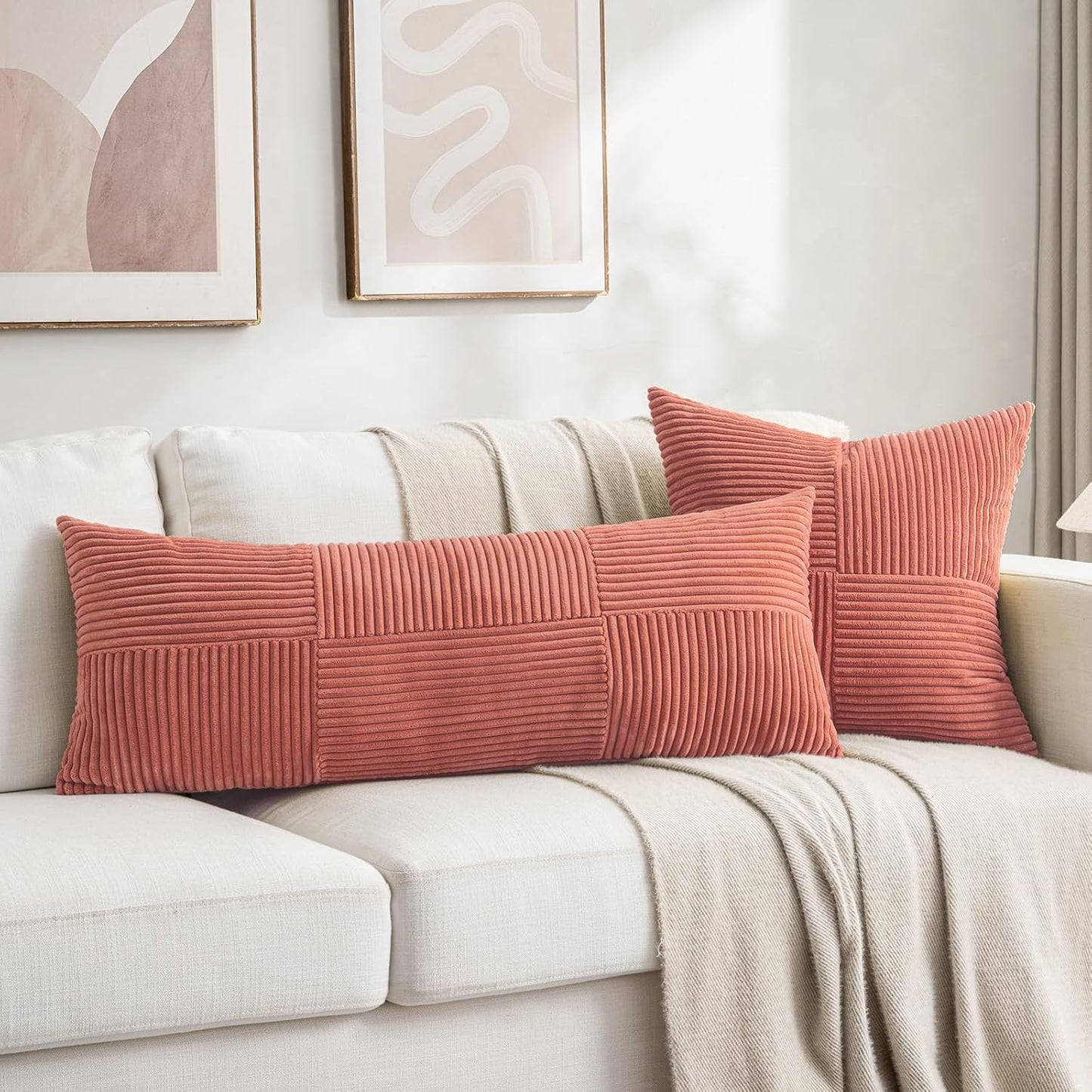 Fancy Homi 2 Packs Coral Decorative Throw Pillow Covers 20x20 Inch for Living Room Couch Bed Sofa, Rustic Farmhouse Boho Home Decor, Soft Corss Corduroy Patchwork Accent Peach Cushion Case 50x50 cm